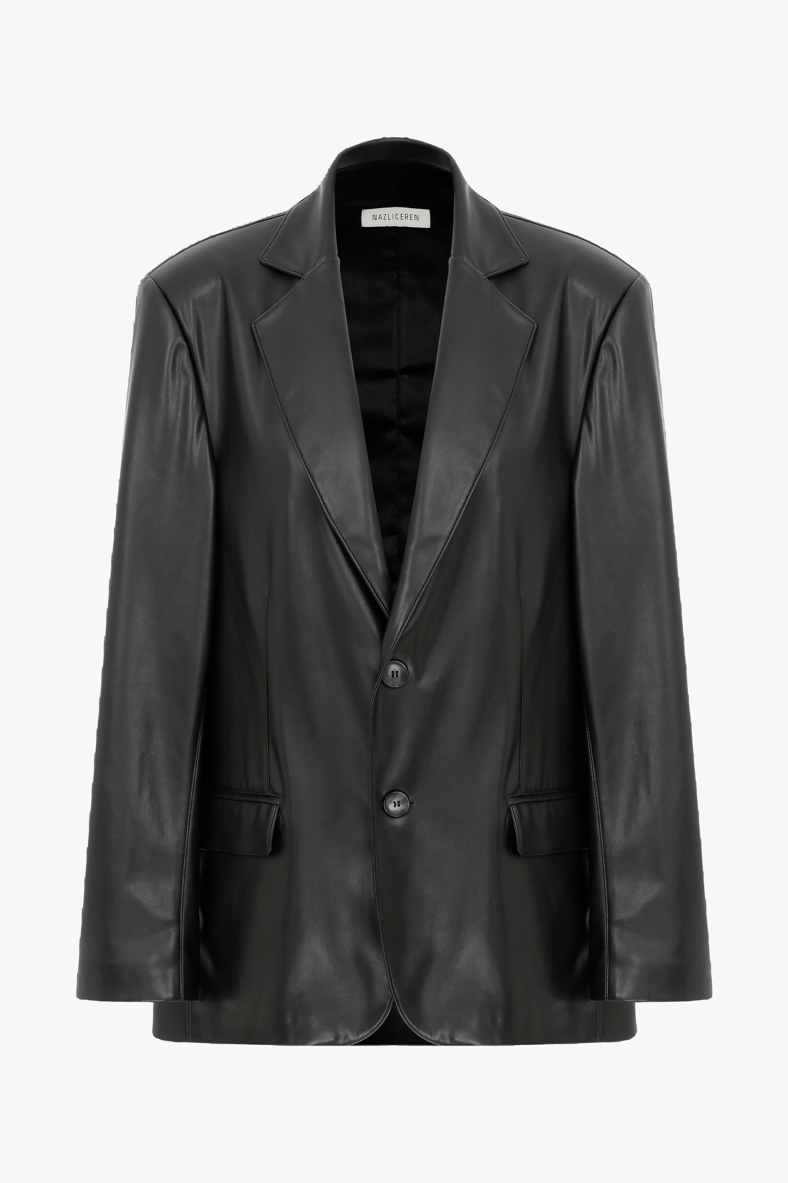 Boxy Oversize Vegan Leather Blazer in Noire in Black made by Nazli Ceren