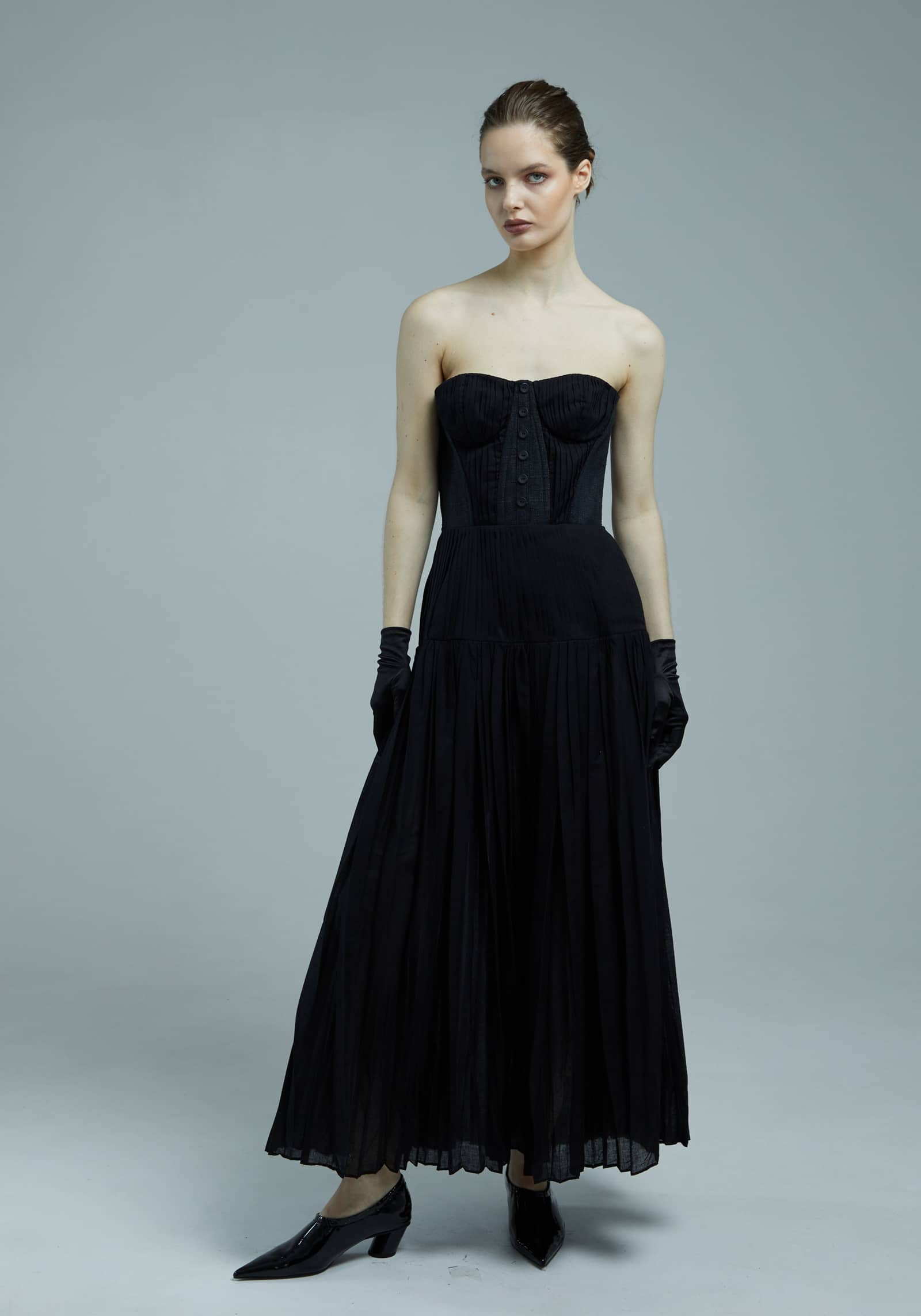 Pleated strapless dress made by Tamar Keburia