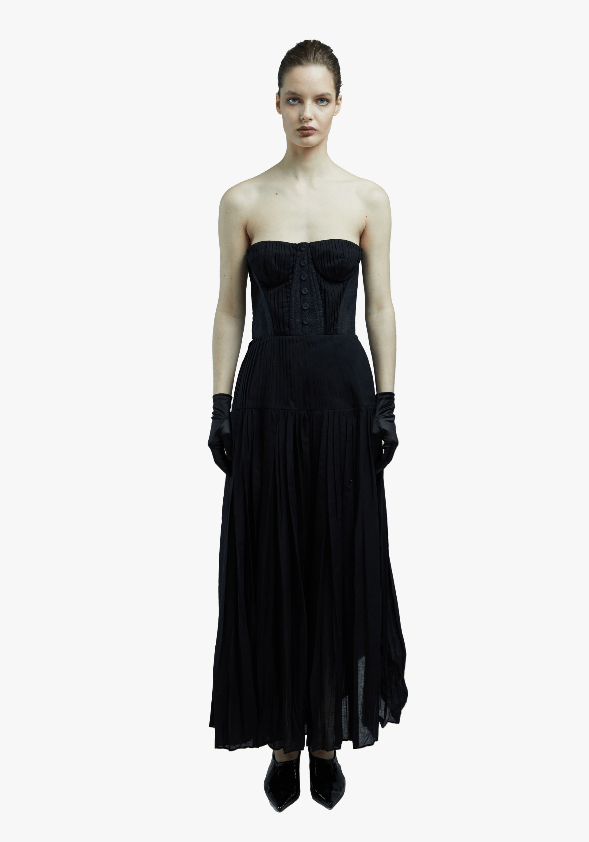 Pleated strapless dress made by Tamar Keburia
