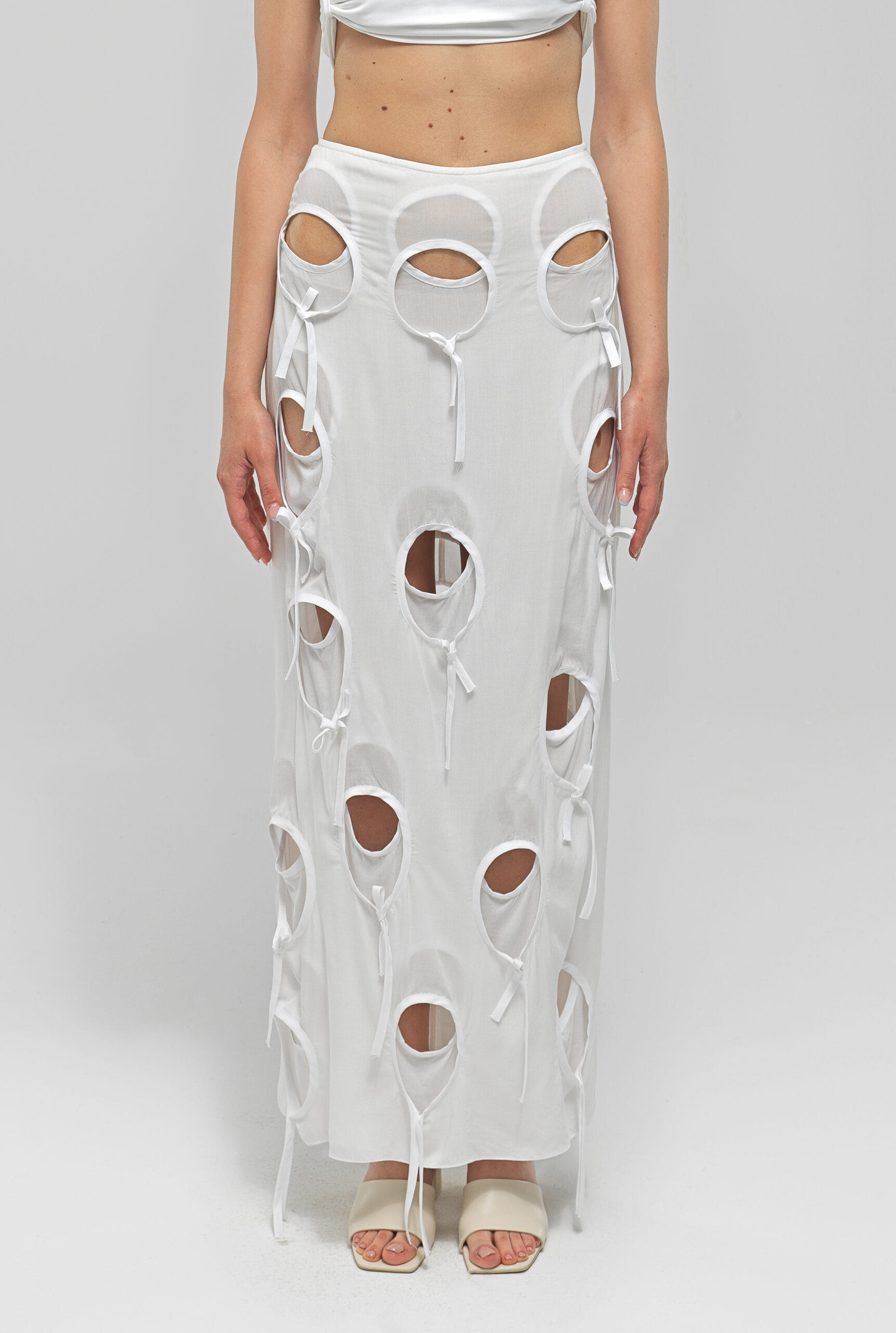 OLENA White Circle Cut-Out Midi Skirt made by MAET