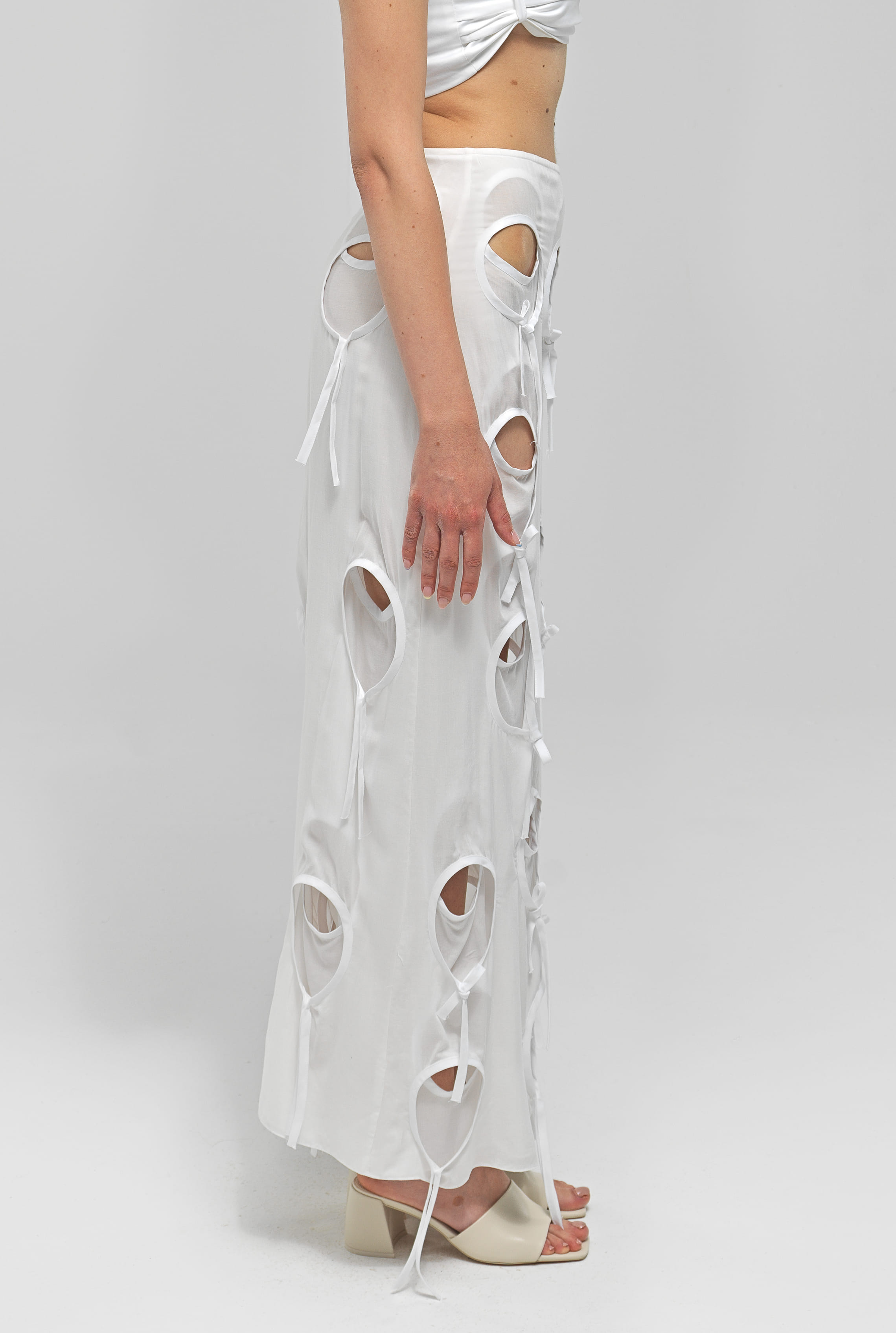 OLENA White Circle Cut-Out Midi Skirt made by MAET