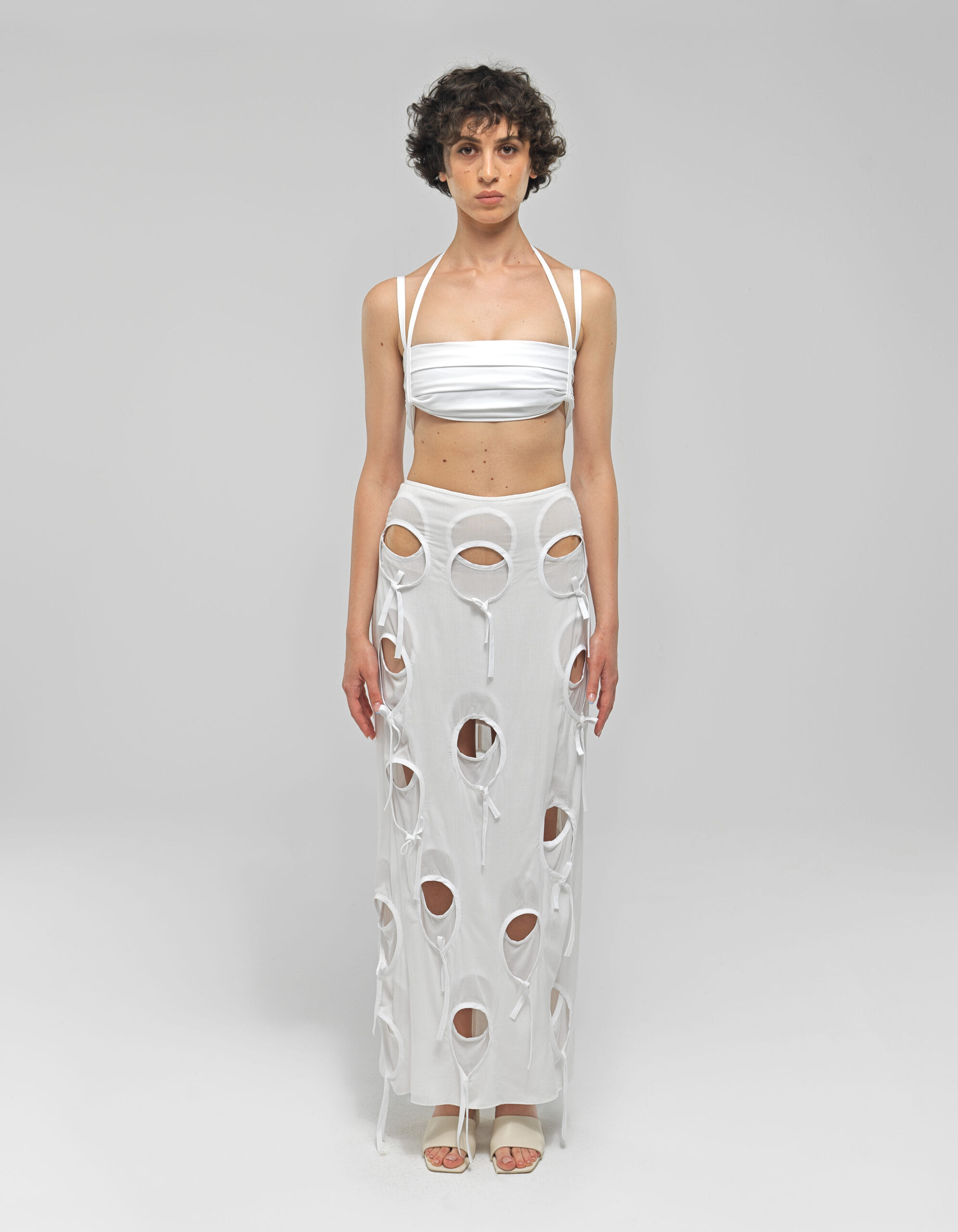 OLENA White Circle Cut-Out Midi Skirt made by MAET
