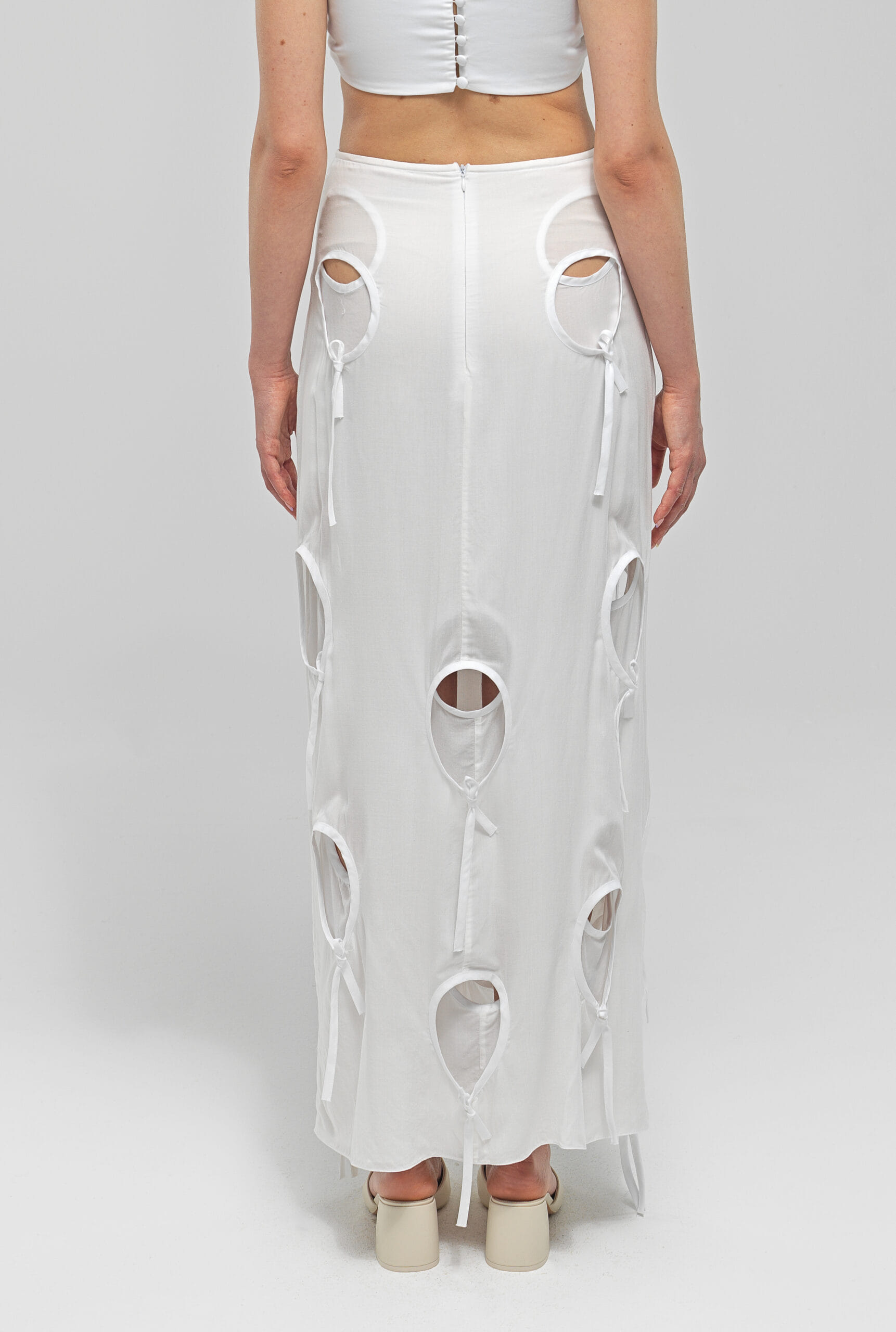 OLENA White Circle Cut-Out Midi Skirt made by MAET