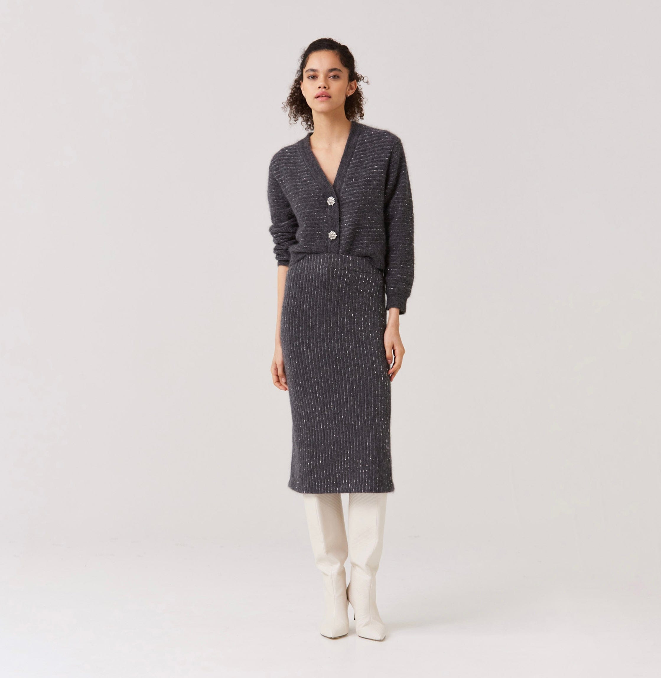 SEQUINED SHORT CARDIGAN in Grey made by CRUSH Collection