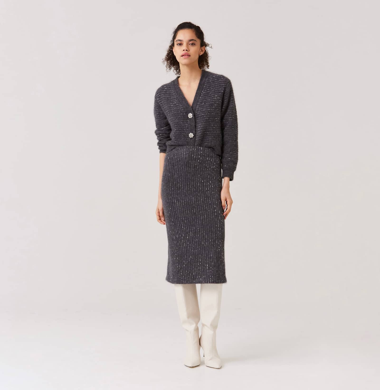 SEQUINED SHORT CARDIGAN in Grey made by CRUSH Collection