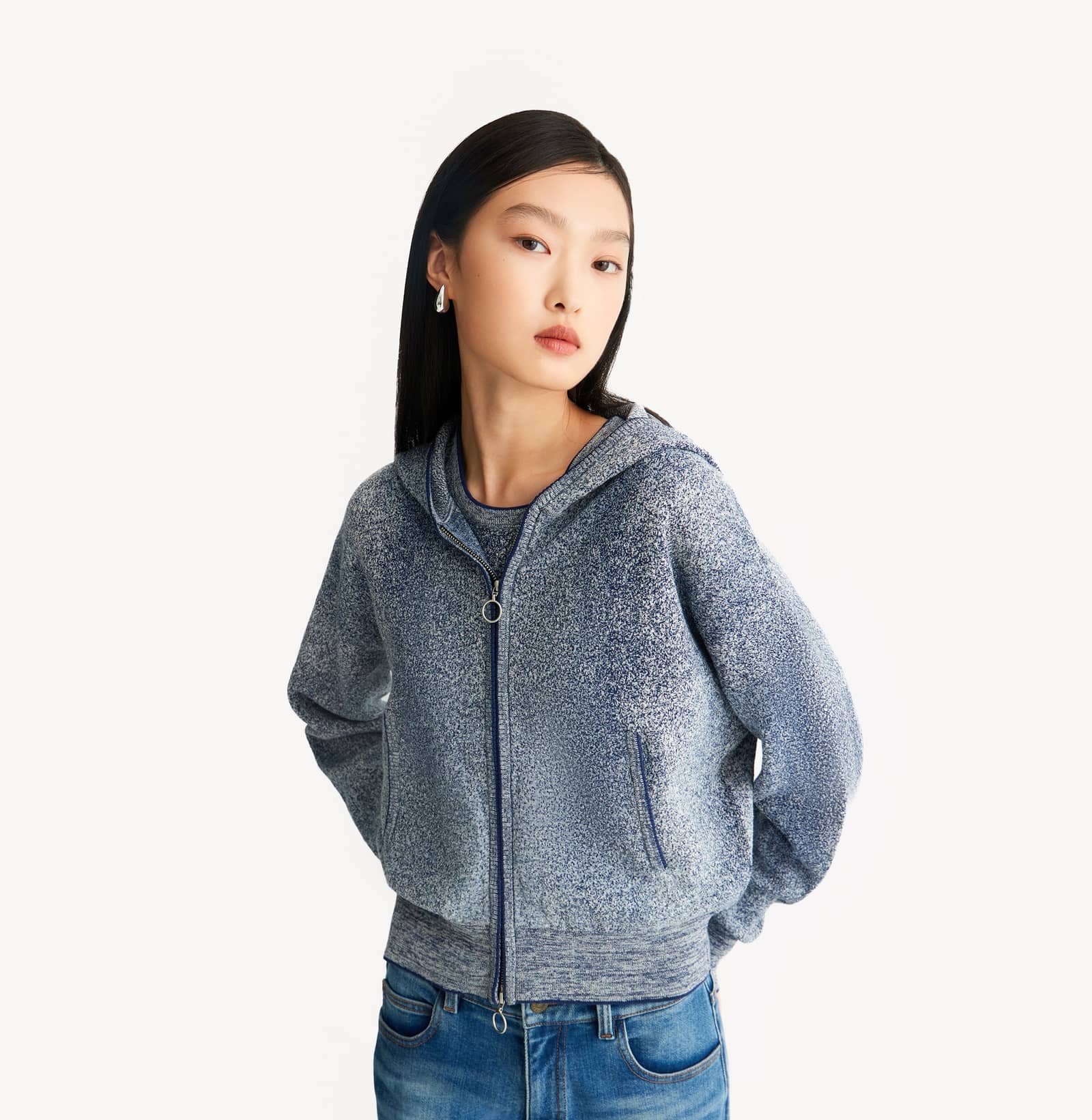 DENIM-LOOK HOODED CARDIGAN made by CRUSH Collection