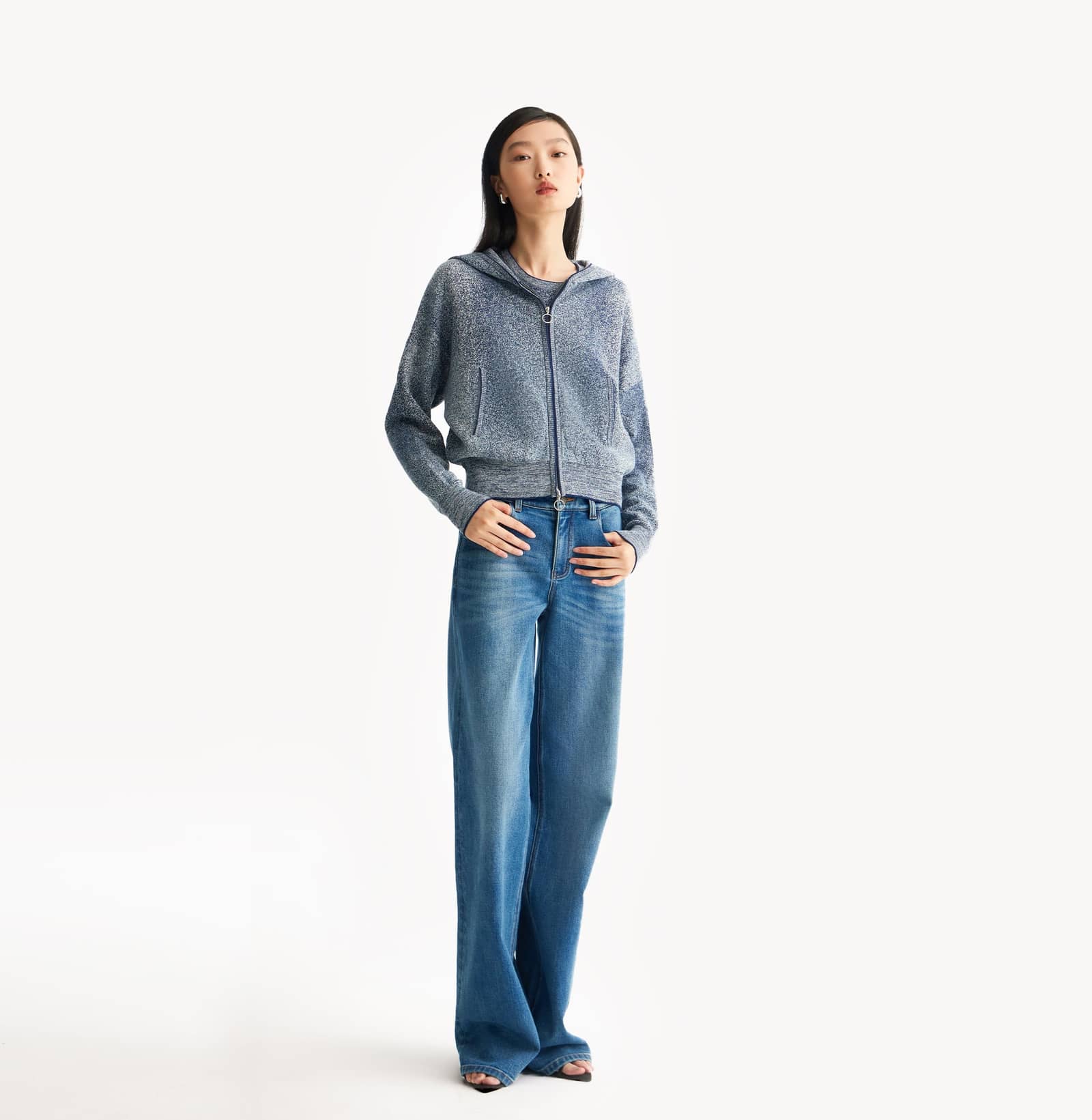 DENIM-LOOK HOODED CARDIGAN made by CRUSH Collection