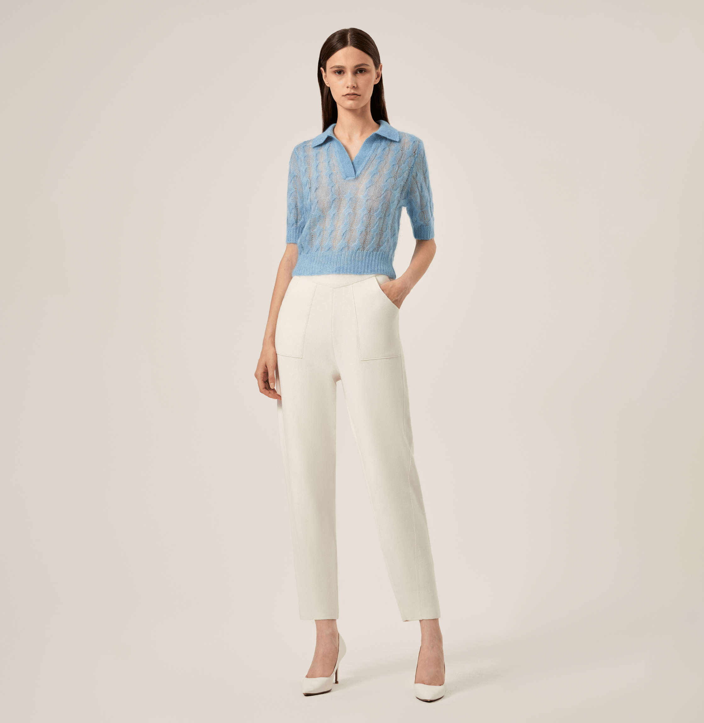 SHEER MOHAIR SHORT SLEEVE POLO SHIRT in Blue made by CRUSH Collection