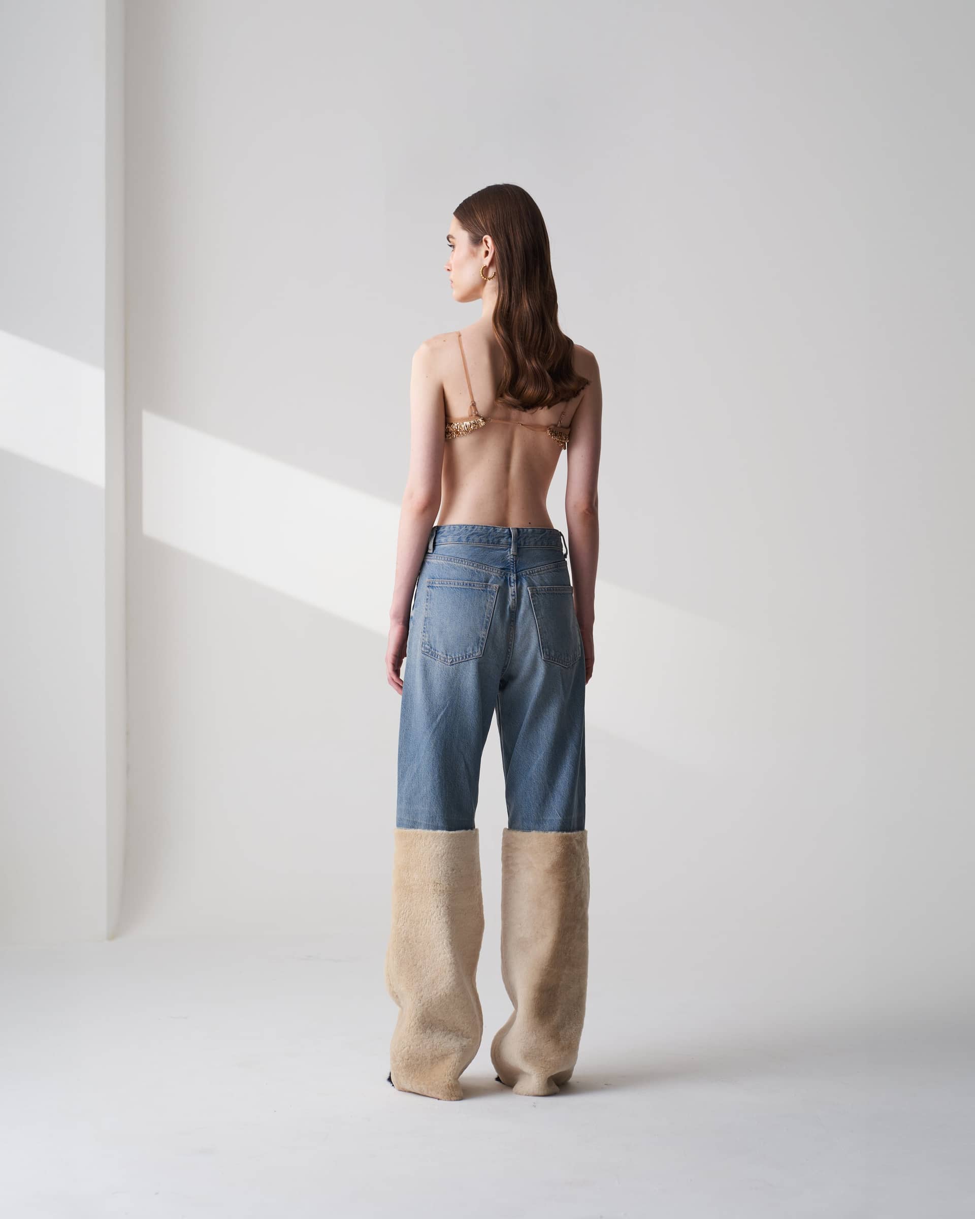 Upcycled Shearling Jeans made by Szabo Sihag