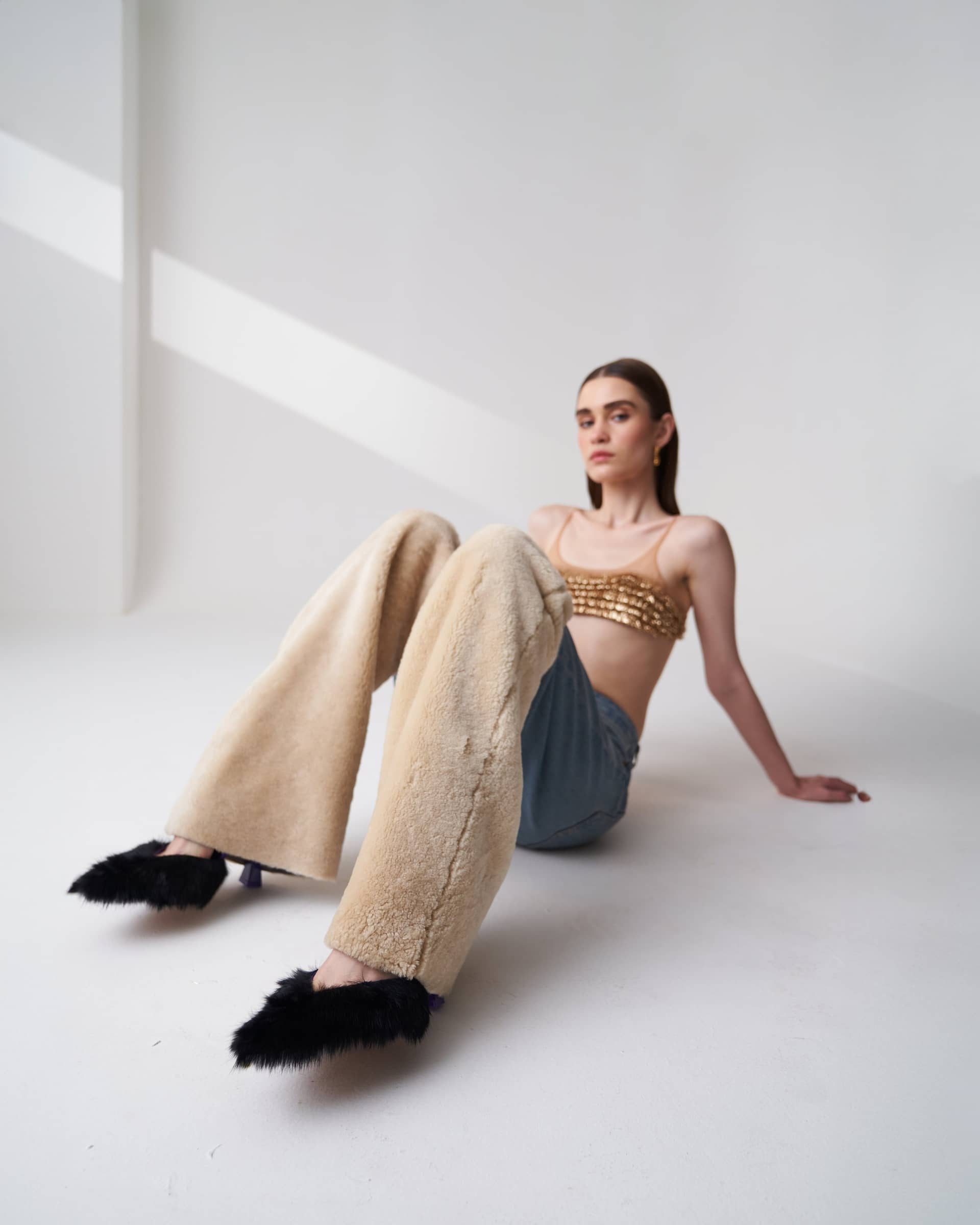 Upcycled Shearling Jeans made by Szabo Sihag