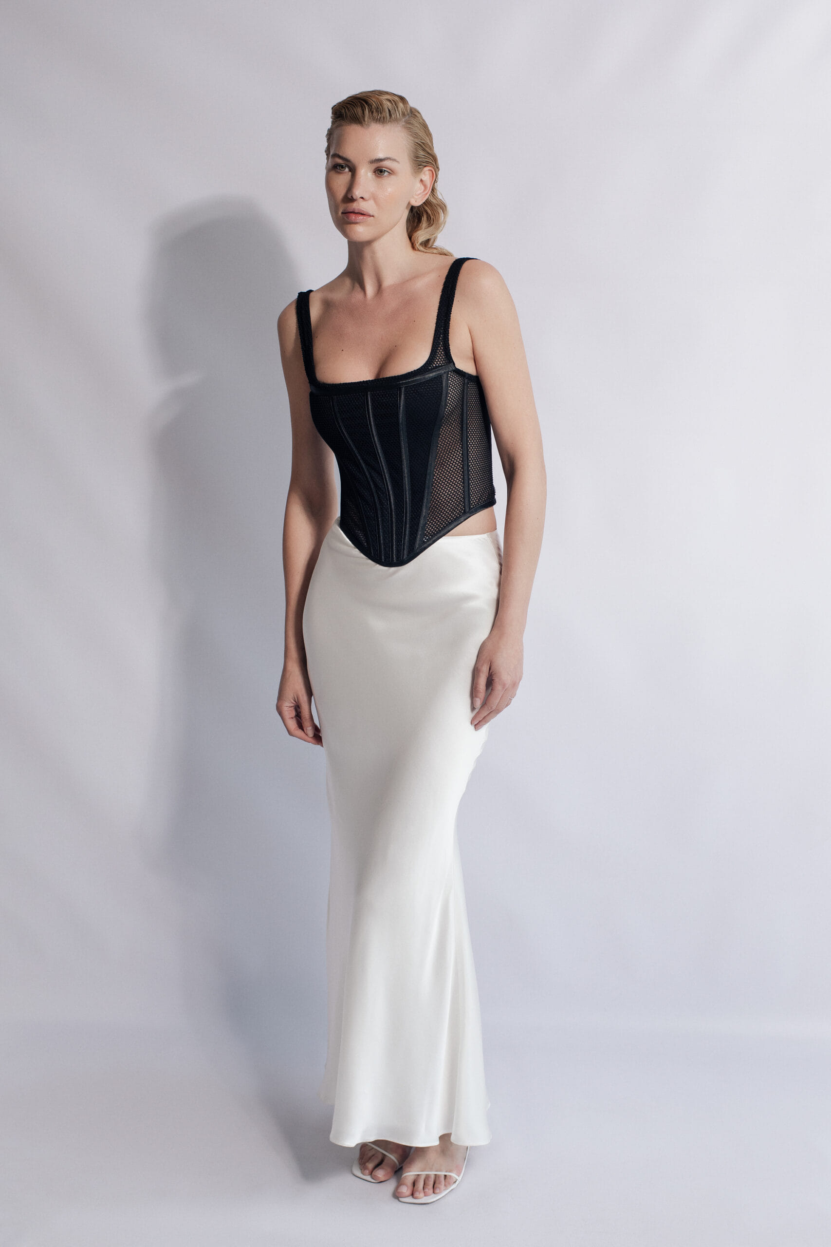 High-Rise Satin Silk Slip Skirt in White made by Aureliana