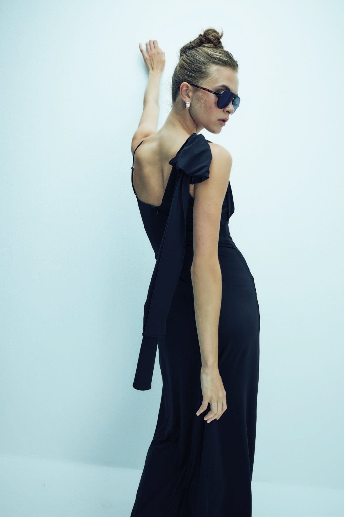 Grace Jersey Asymmetric Long Dress in Black made by Nazli Ceren
