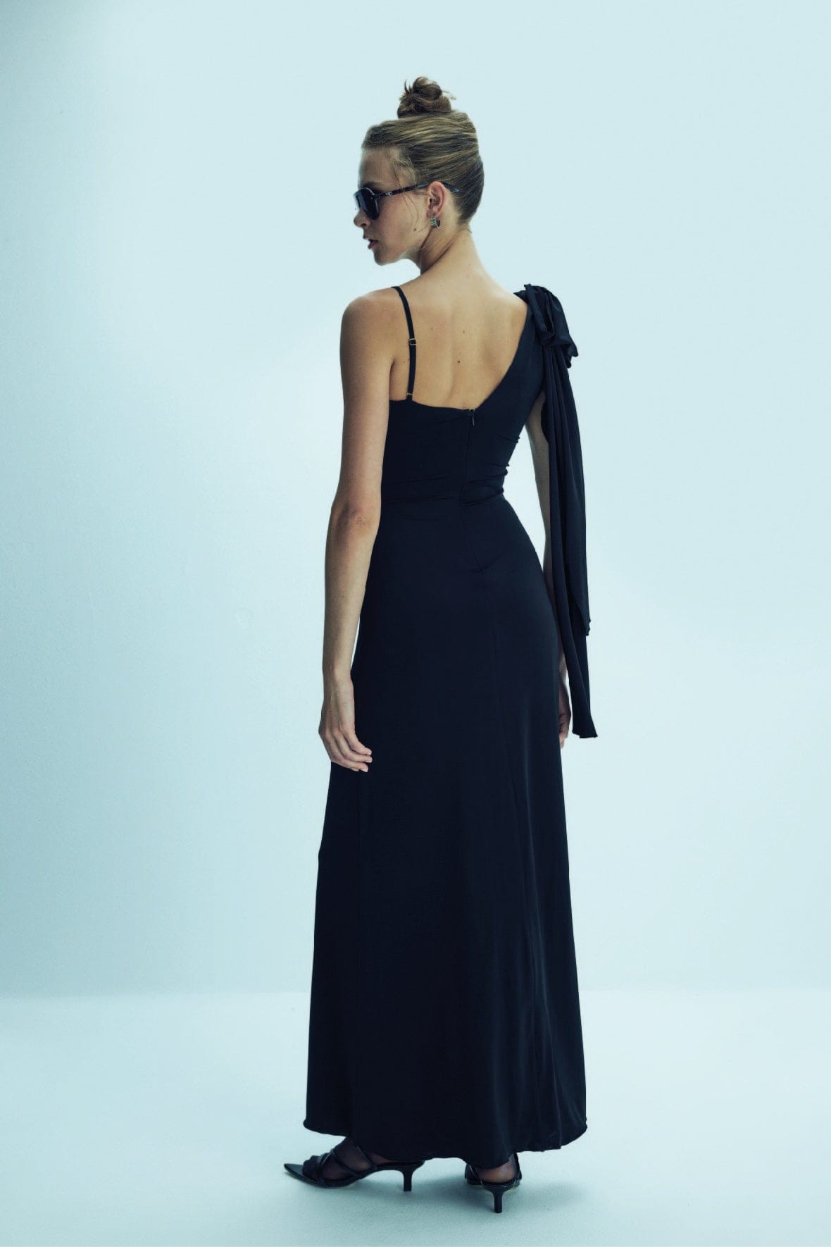 Grace Jersey Asymmetric Long Dress in Black made by Nazli Ceren