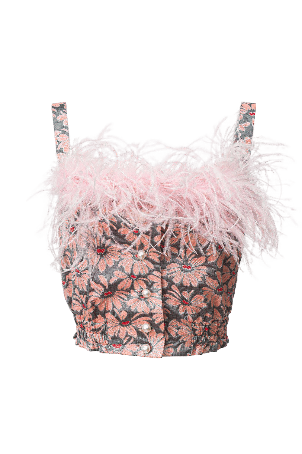 Grey flower top with pink feather details and pearl buttons made by ANDREEVA