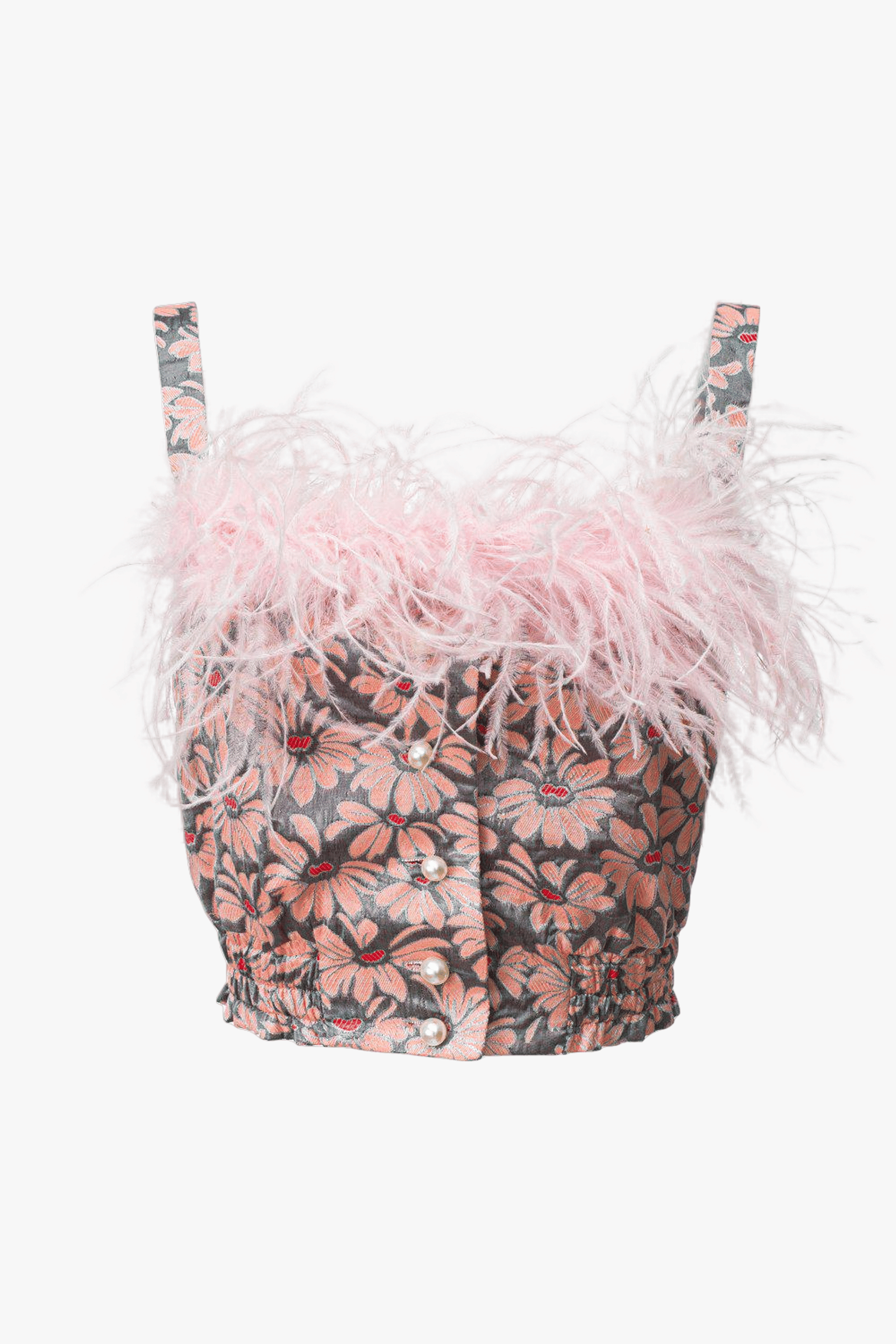 Grey flower top with pink feather details and pearl buttons made by ANDREEVA