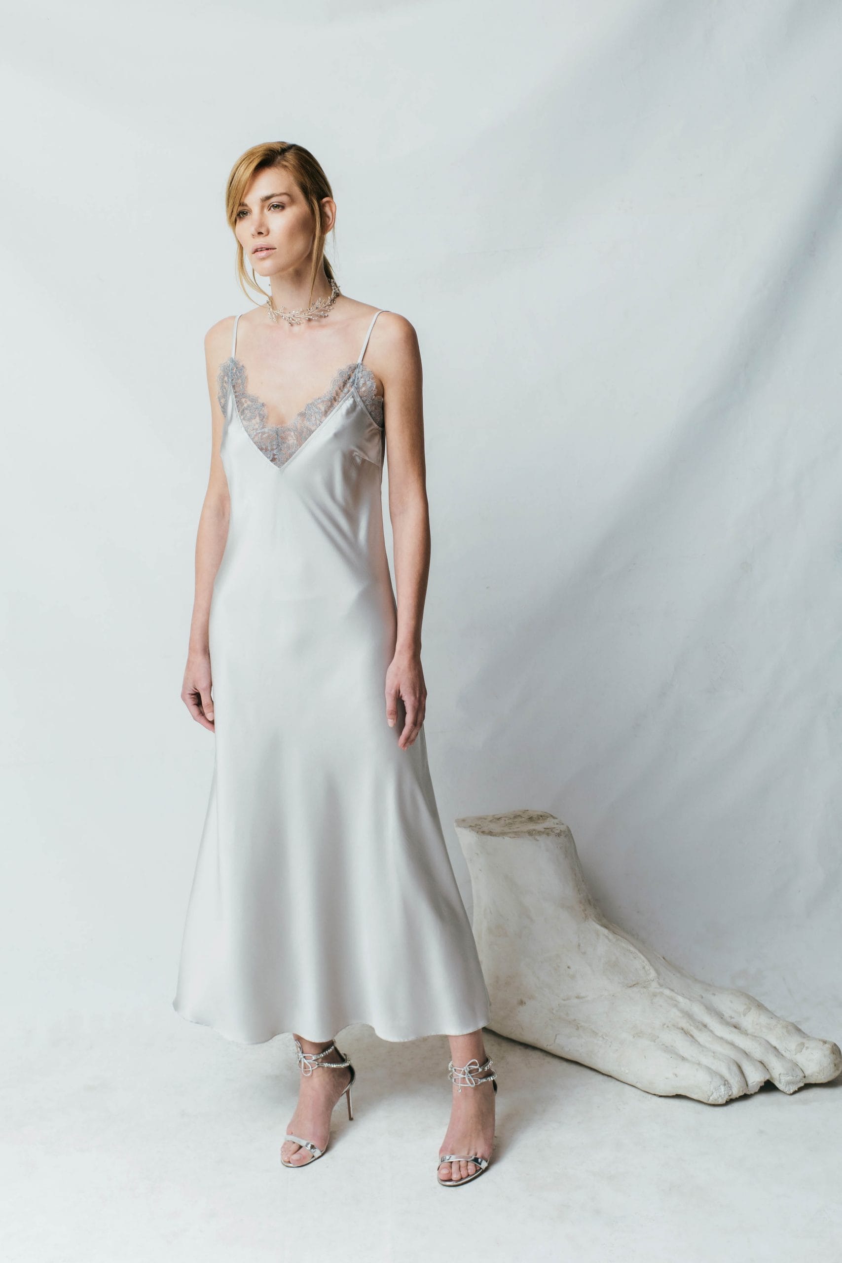 Silver Chantilly Lace Silk-satin Slip-dress made by Aureliana