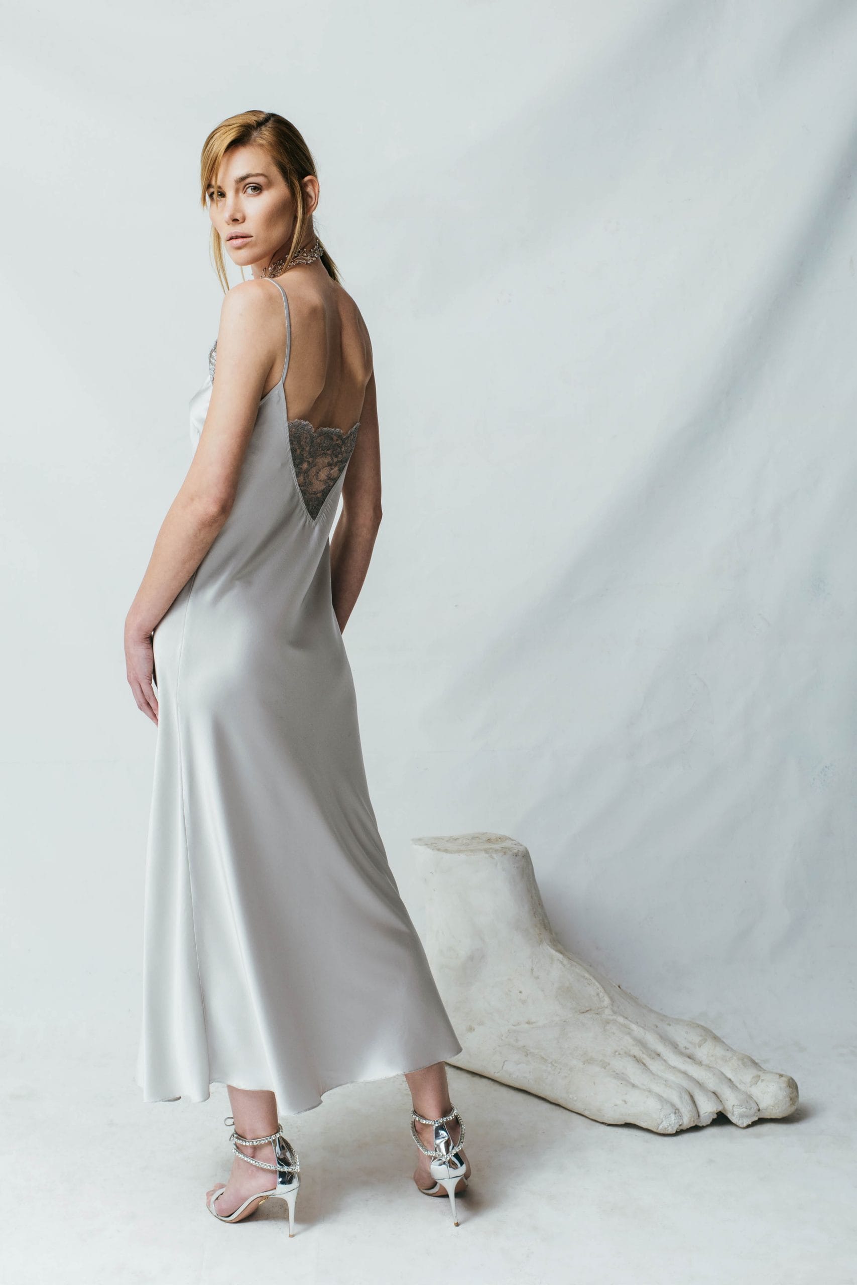 Silver Chantilly Lace Silk-satin Slip-dress made by Aureliana