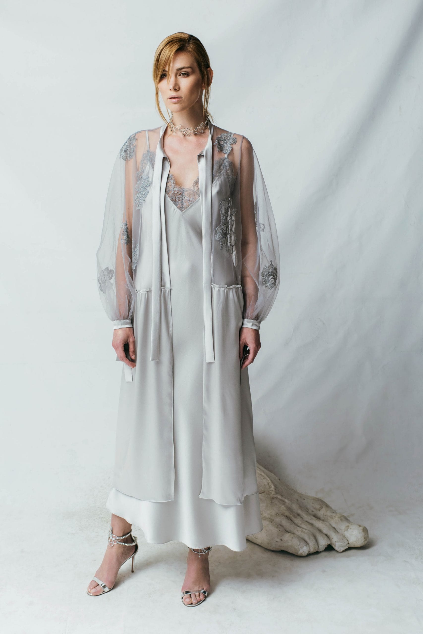 Silver Chantilly Lace Silk-satin Slip-dress made by Aureliana