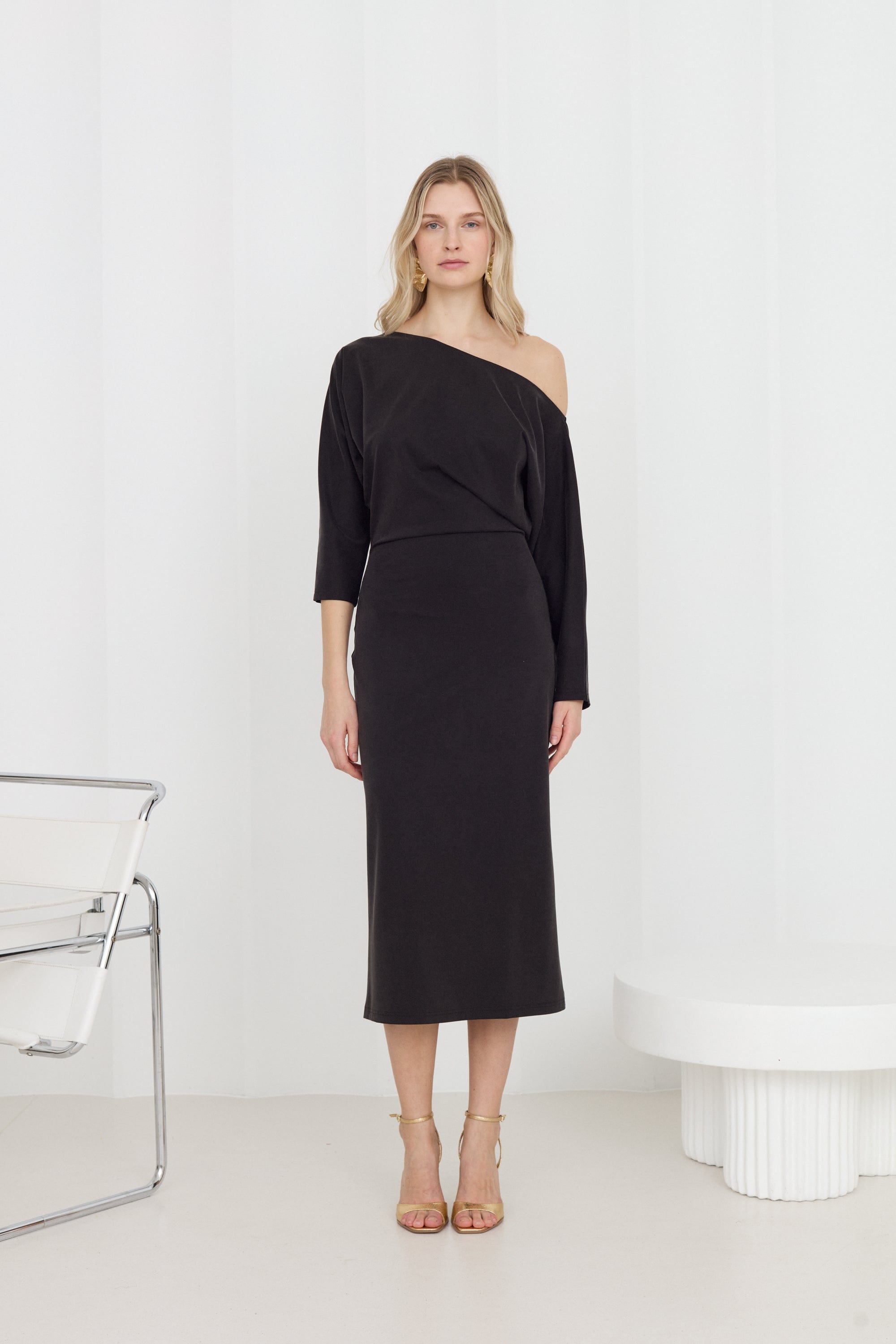 THEA Black Off-Shoulder Jersey Midi Dress made by UNDRESS