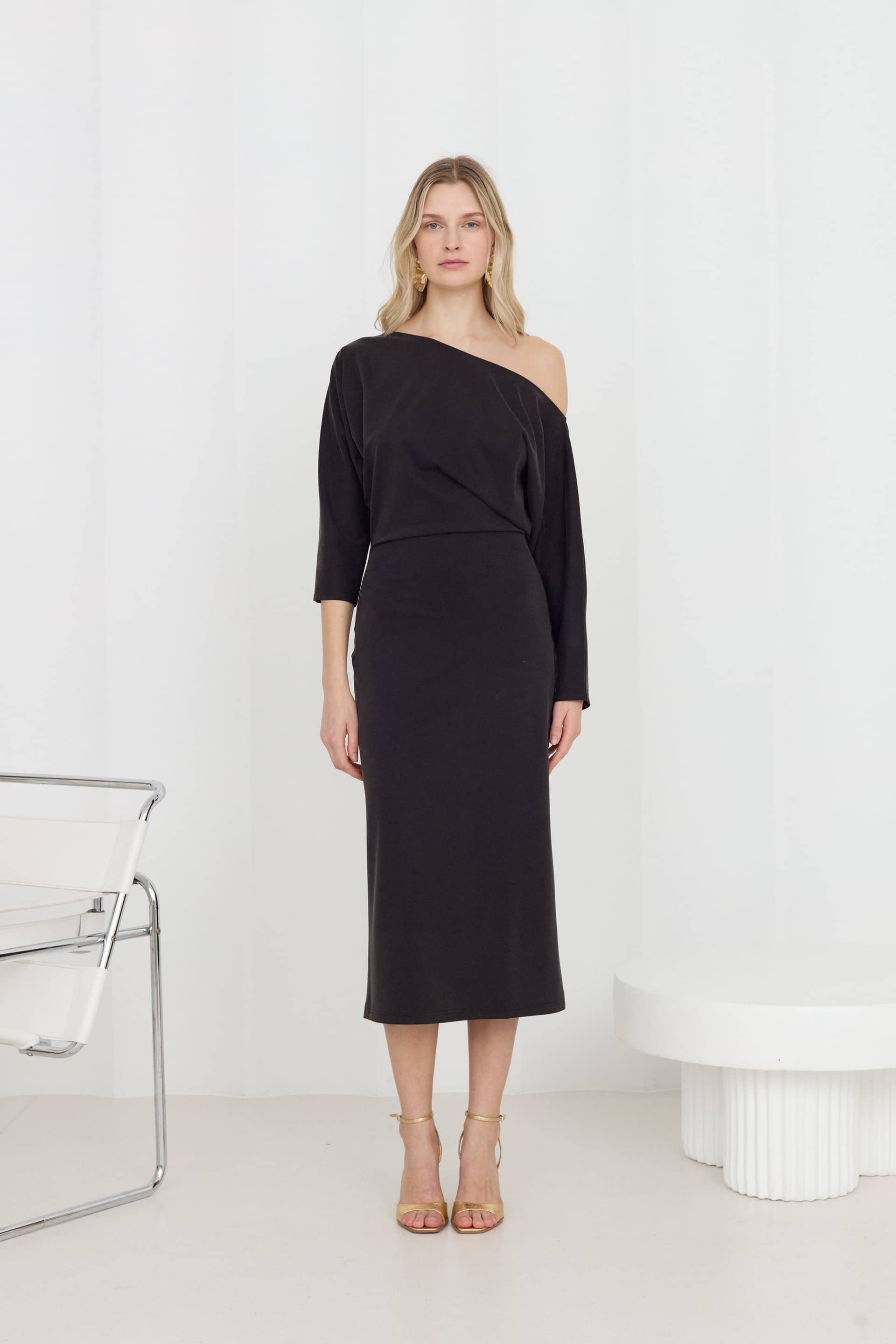 THEA Black Off-Shoulder Jersey Midi Dress made by UNDRESS