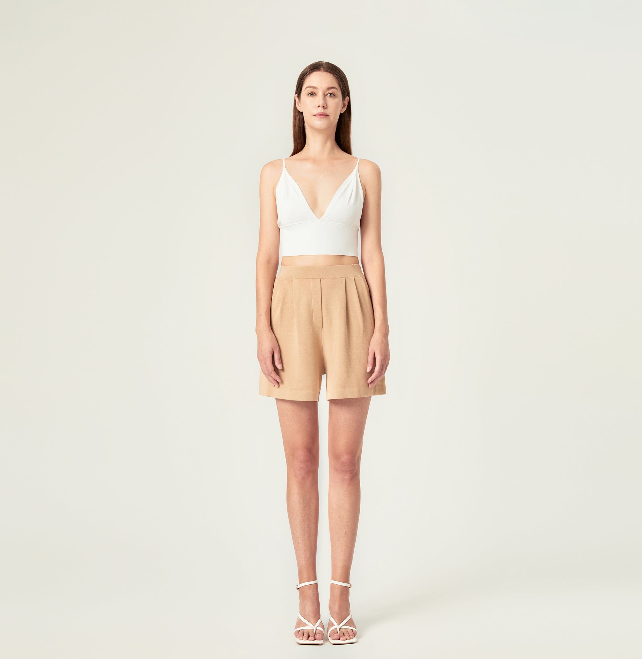 PLEATED WIDE-LEG SHORTS in Beige made by CRUSH Collection