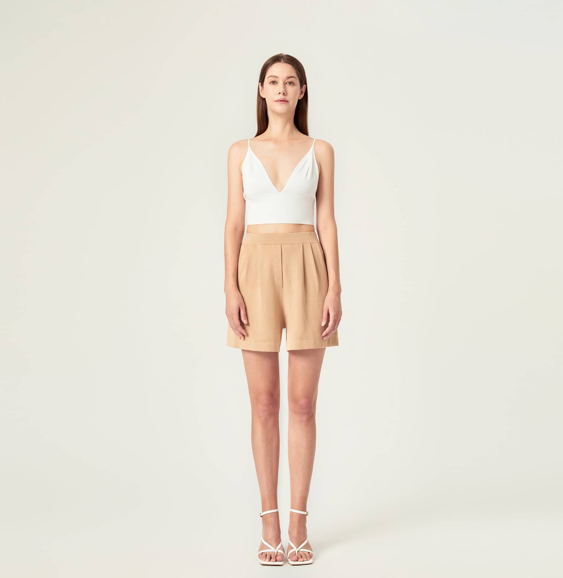 PLEATED WIDE-LEG SHORTS in Beige made by CRUSH Collection