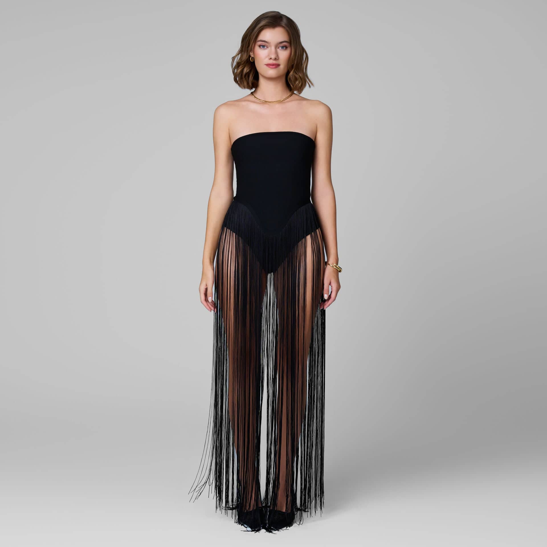 Scarlet Bodysuit Fringe Dress In Black made by Decolet The Label