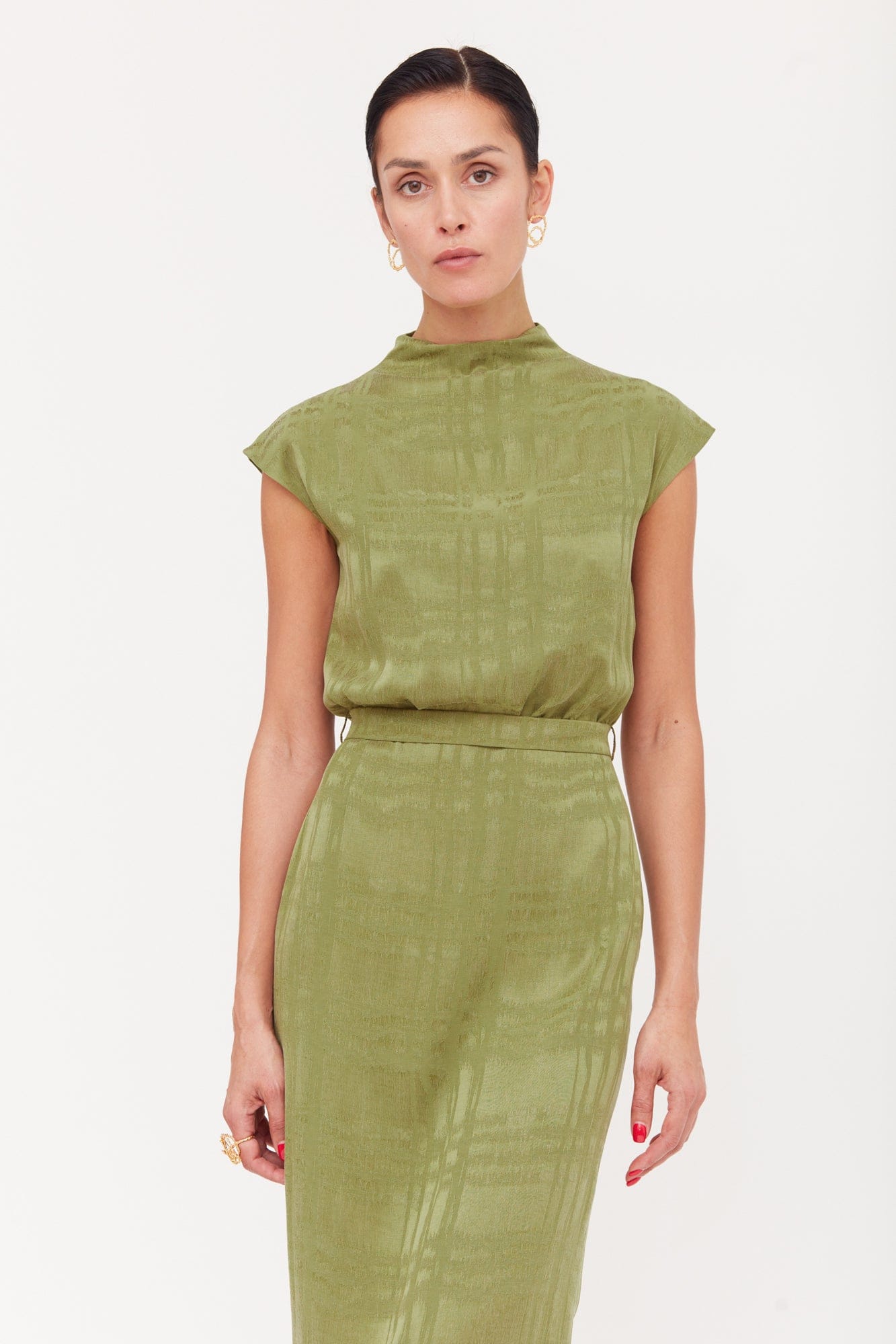 TESSA Olive Green Cupro Fabric Kimono Sleeves Midi Dress made by UNDRESS