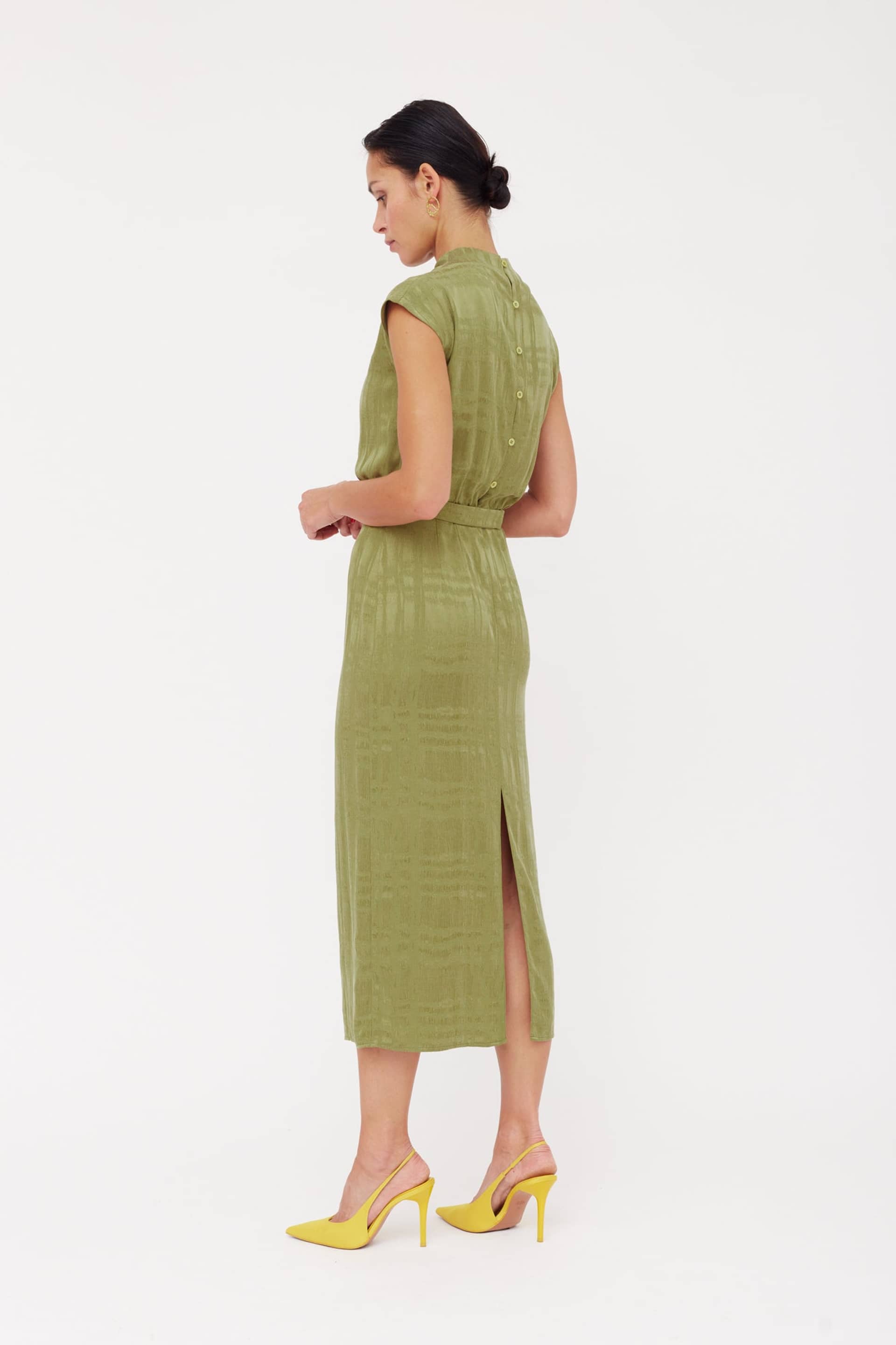 TESSA Olive Green Cupro Fabric Kimono Sleeves Midi Dress made by UNDRESS