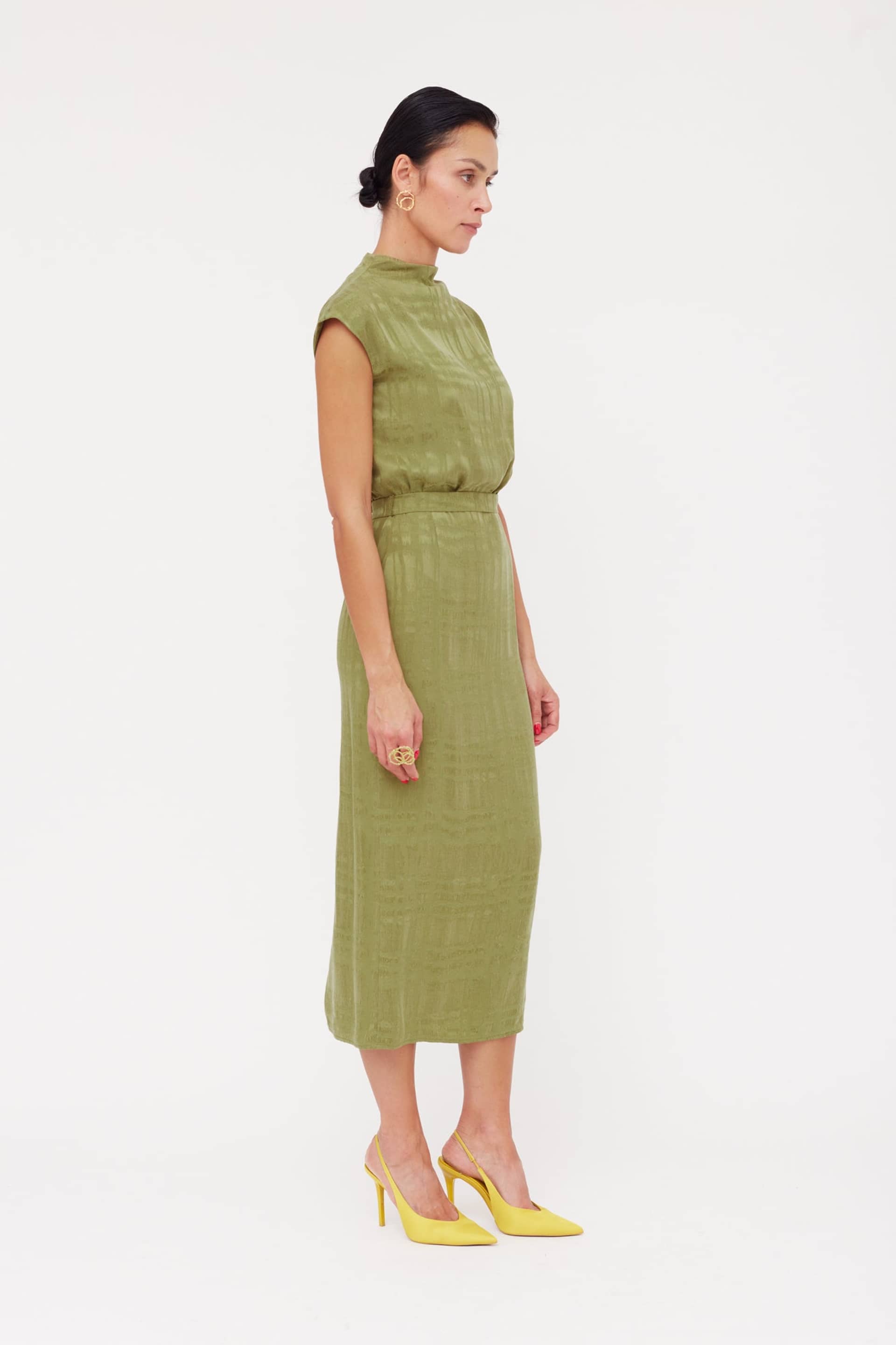 TESSA Olive Green Cupro Fabric Kimono Sleeves Midi Dress made by UNDRESS