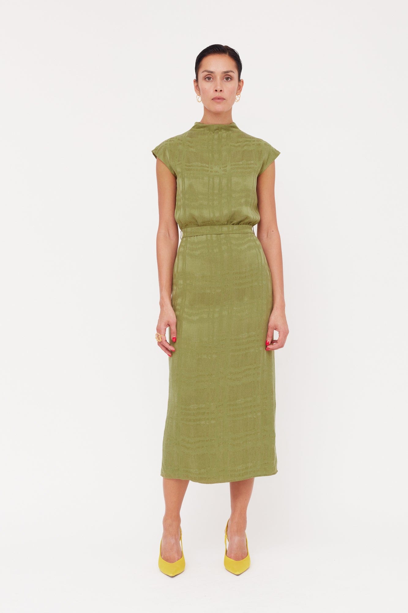 TESSA Olive Green Cupro Fabric Kimono Sleeves Midi Dress made by UNDRESS