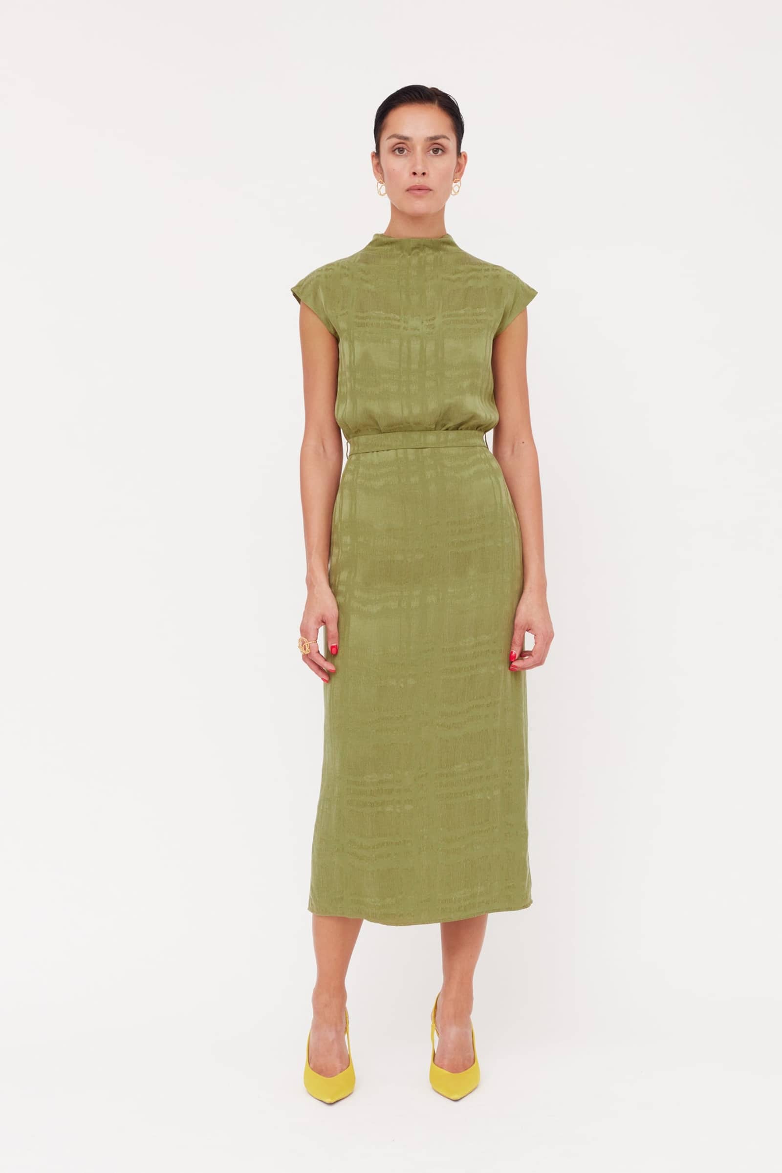 TESSA Olive Green Cupro Fabric Kimono Sleeves Midi Dress made by UNDRESS