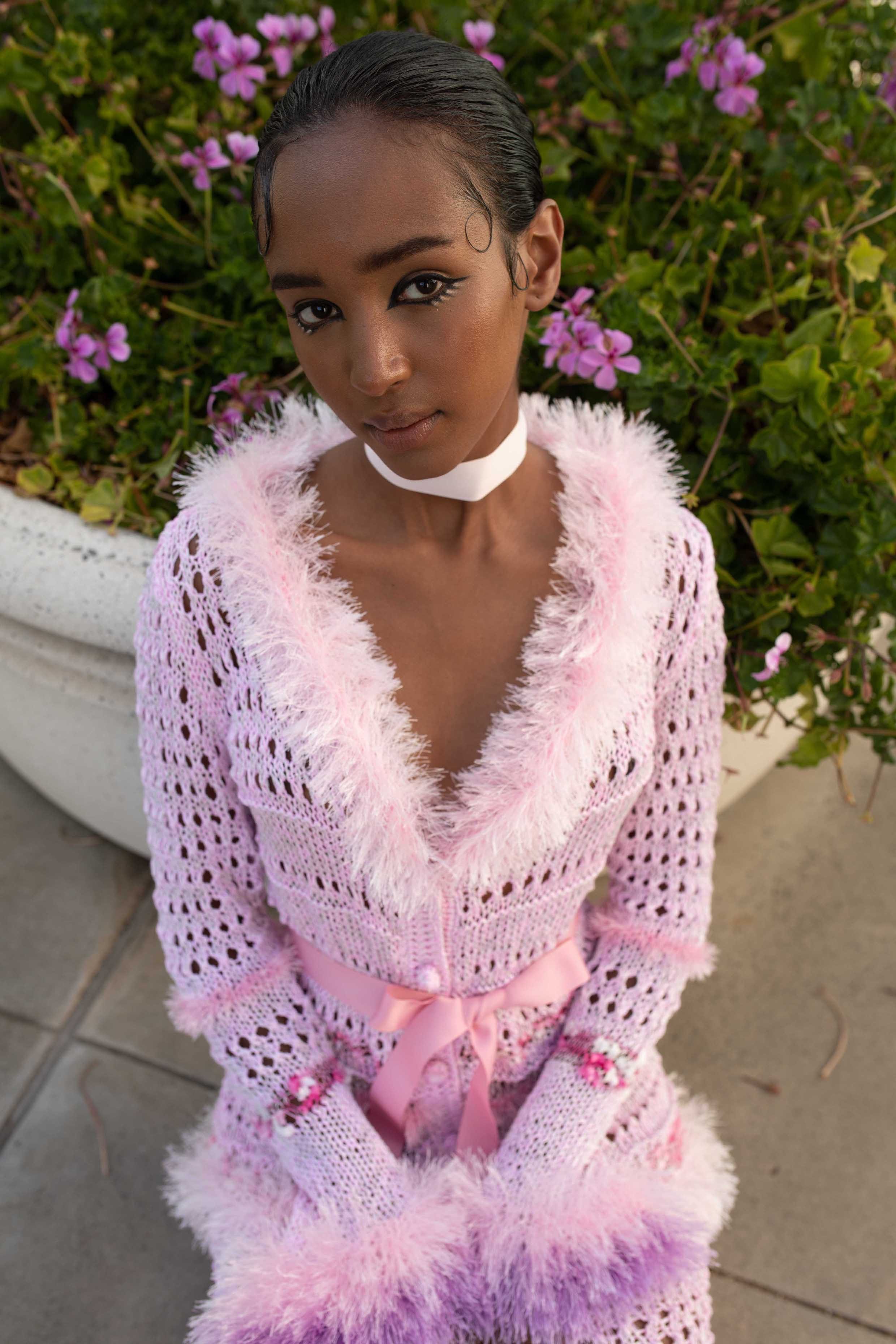 Monroe Pink Handmade Knit Cardigan-Dress made by ANDREEVA