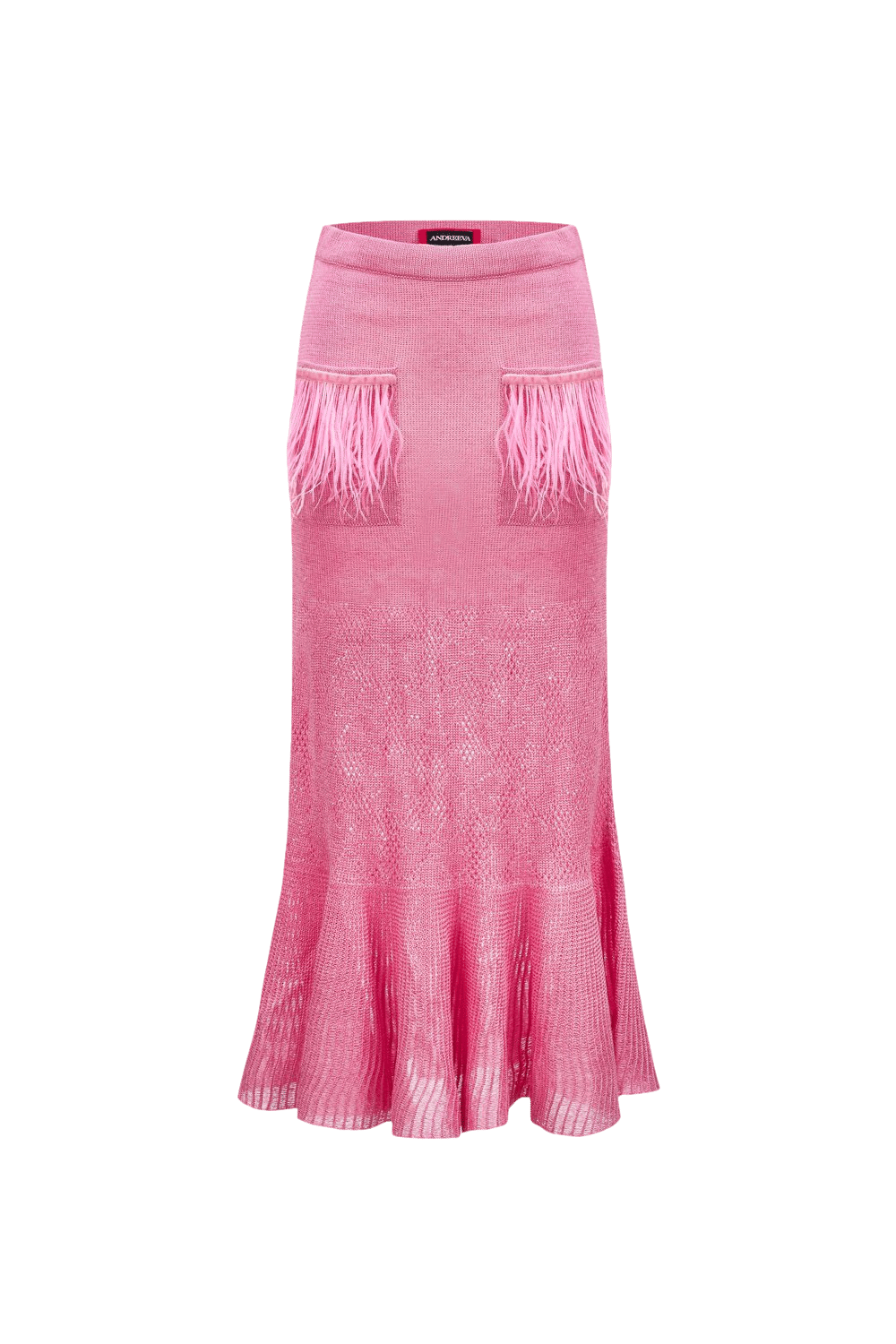 Pink Knit Skirt With Feather Details On the Pocket by made by ANDREEVA