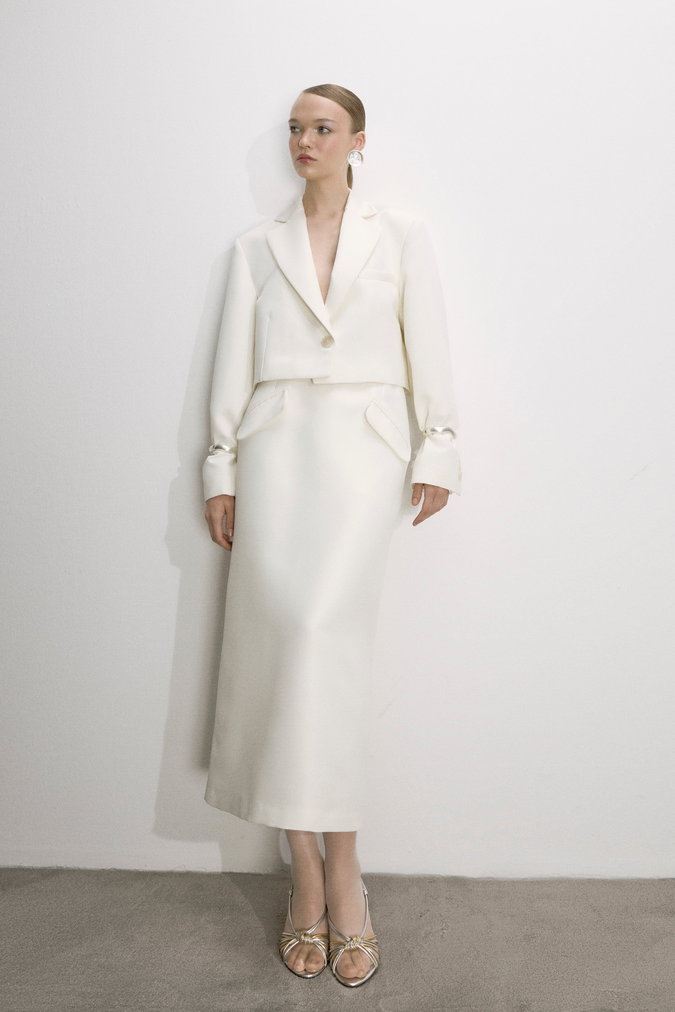 Boxy Satin Cropped Jacket In Vanilla Ice made by Nazli Ceren