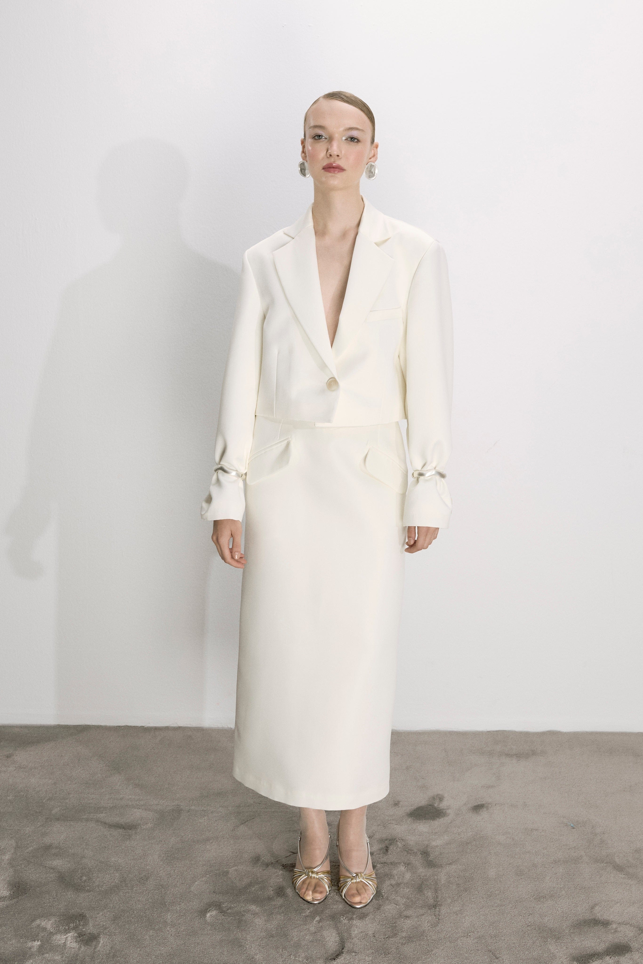 Boxy Satin Cropped Jacket In Vanilla Ice made by Nazli Ceren