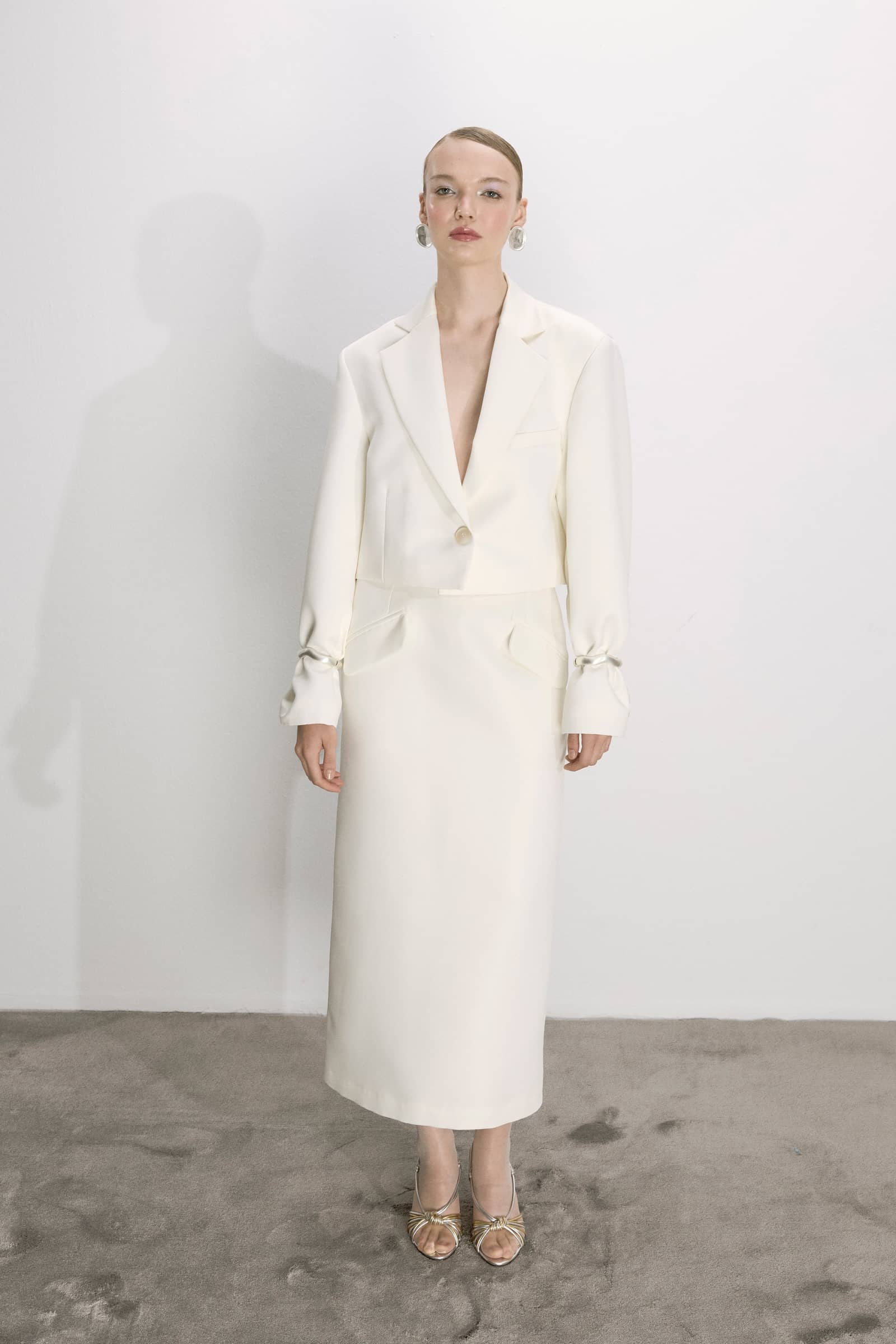 Boxy Satin Cropped Jacket In Vanilla Ice made by Nazli Ceren