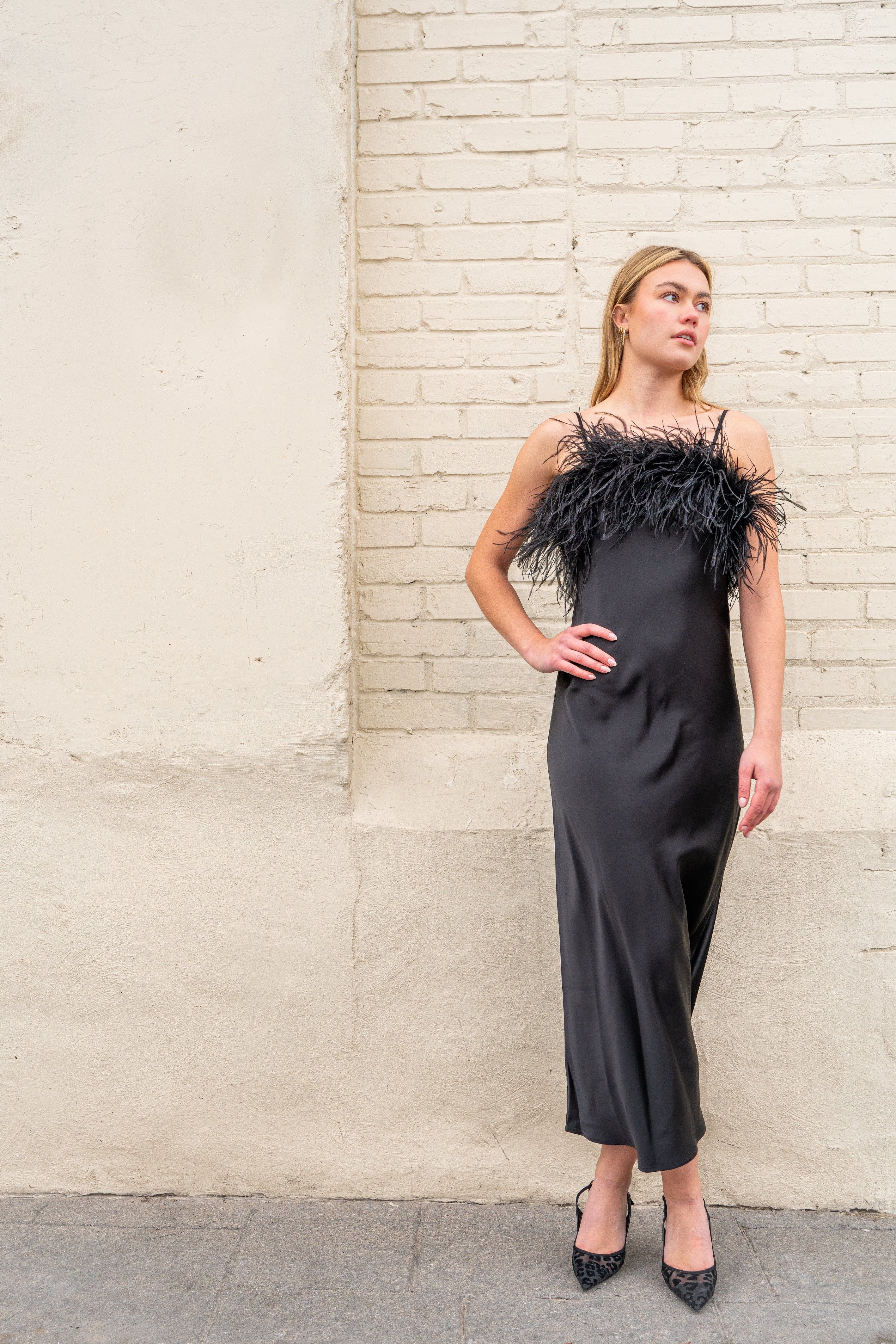 ROMA SILK FEATHER DRESS in Black made by Vasiliki
