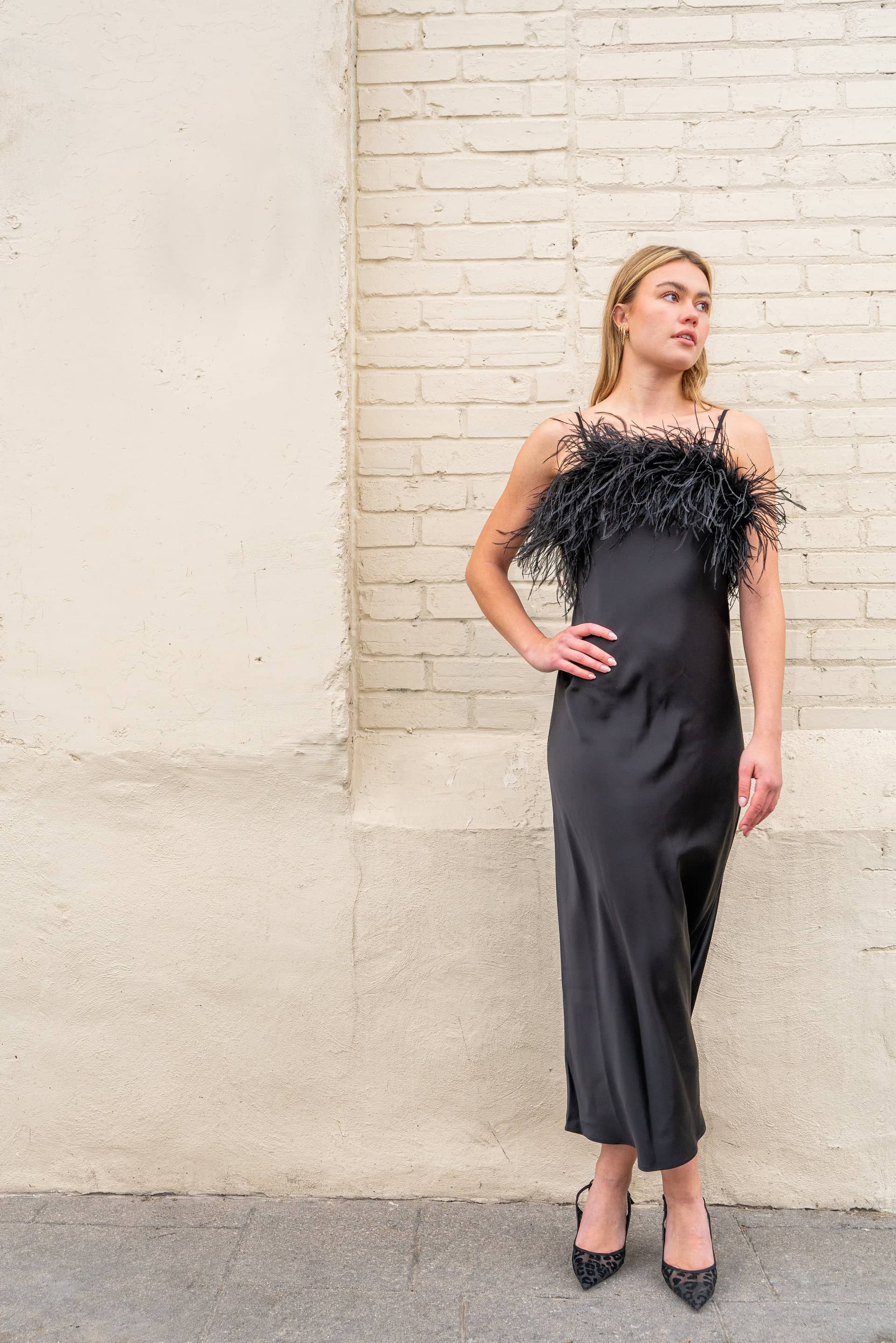 ROMA SILK FEATHER DRESS in Black made by Vasiliki