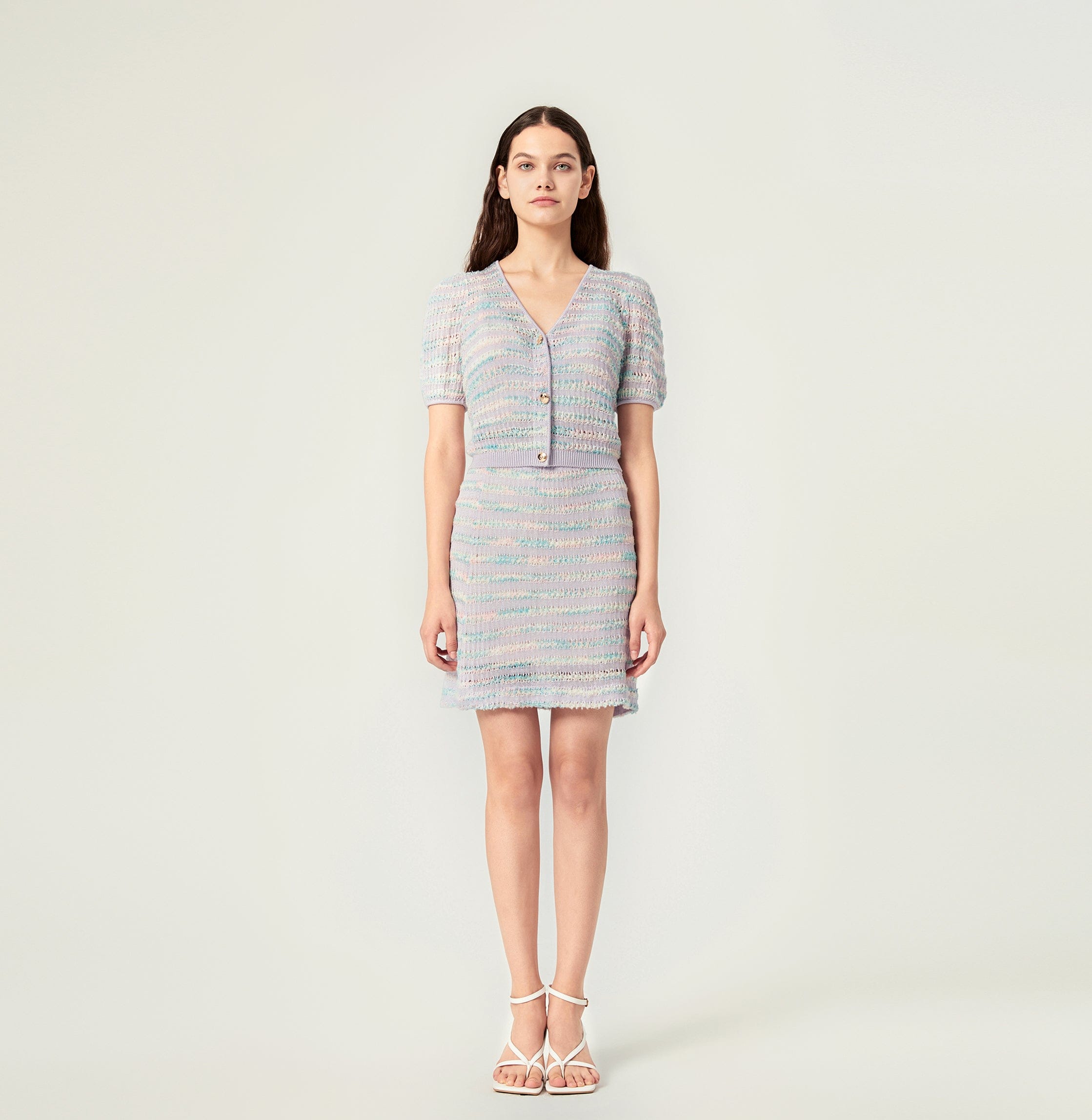 COLORFUL STRIPED PUFF-SLEEVED CARDIGAN in Purple made by CRUSH Collection