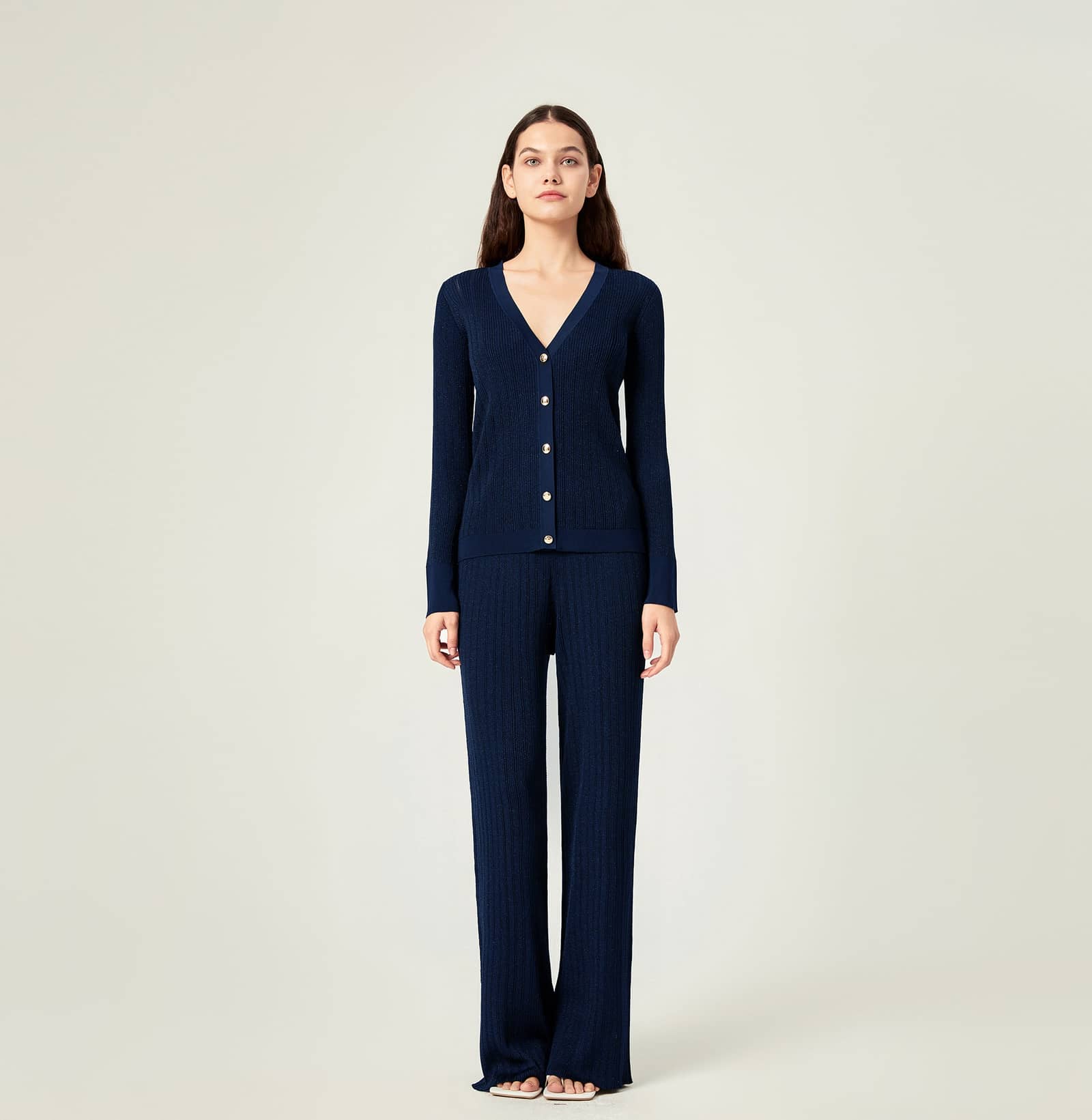 METALLIC BUTTON-EMBELLISHED LONG CARDIGAN in Blue made by CRUSH Collection