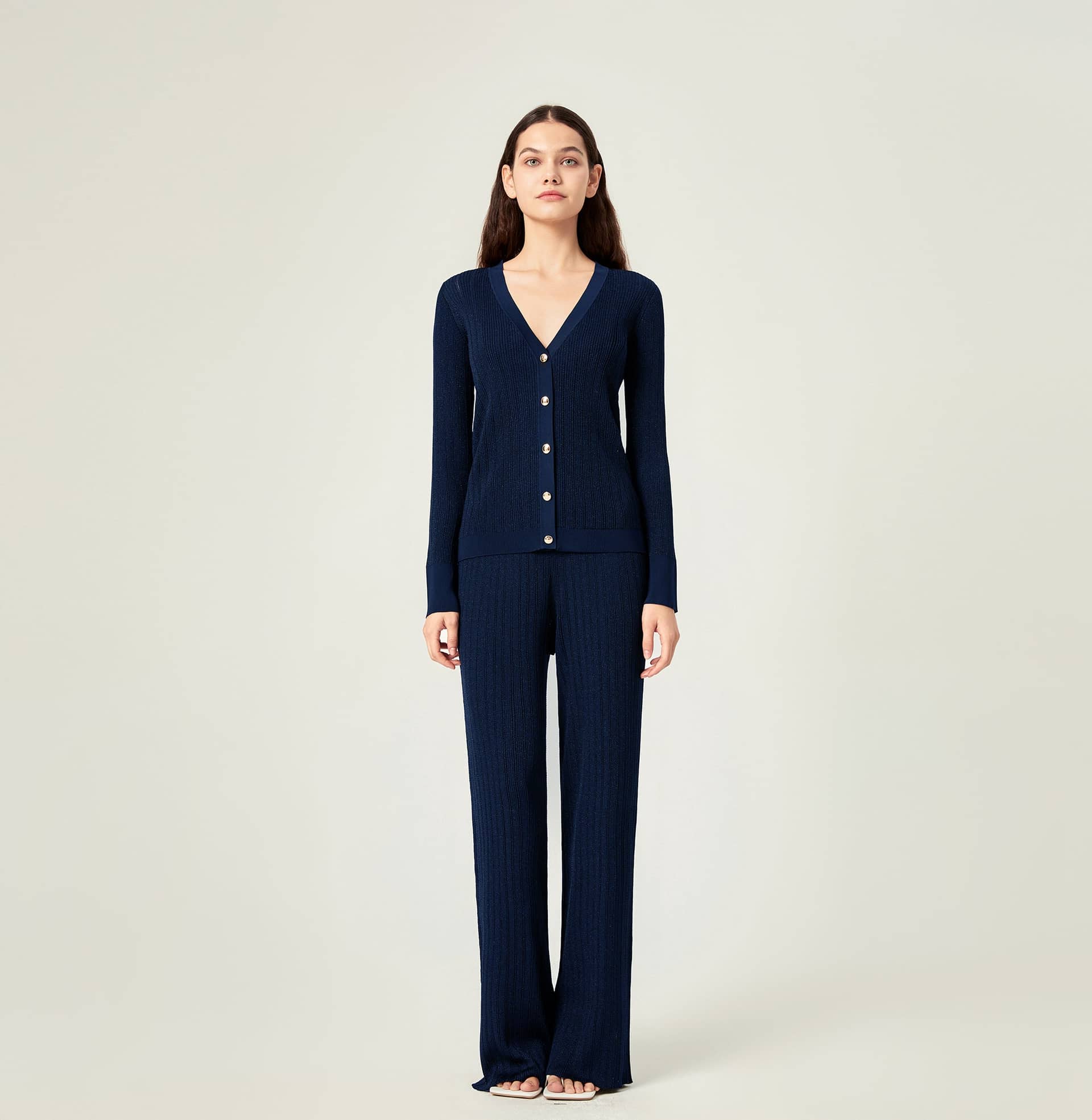 METALLIC BUTTON-EMBELLISHED LONG CARDIGAN in Blue made by CRUSH Collection