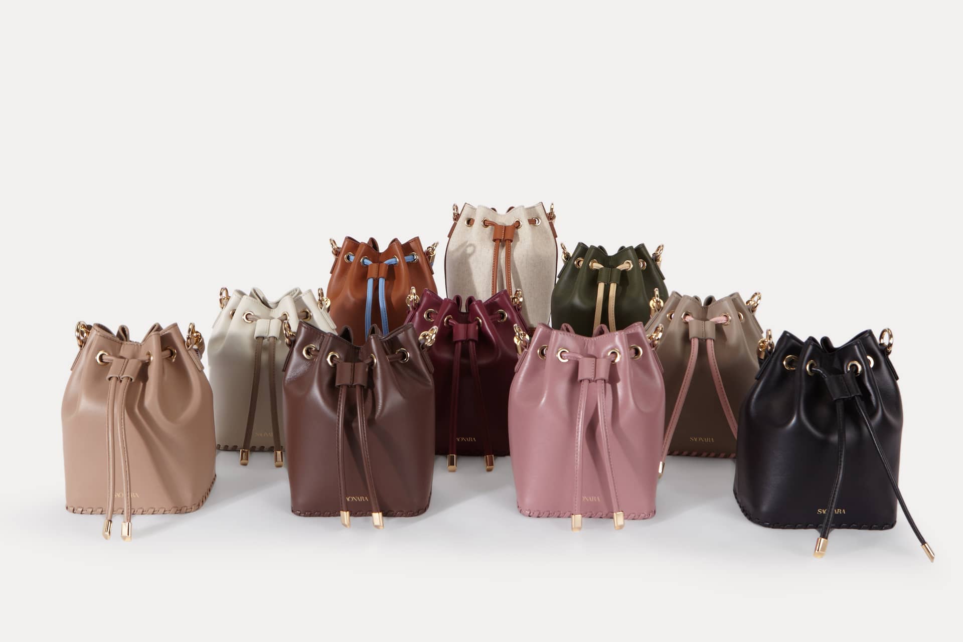 SAONARA MINI BUCKET CARAMEL / BLUE SKY LEATHER made by Saonara