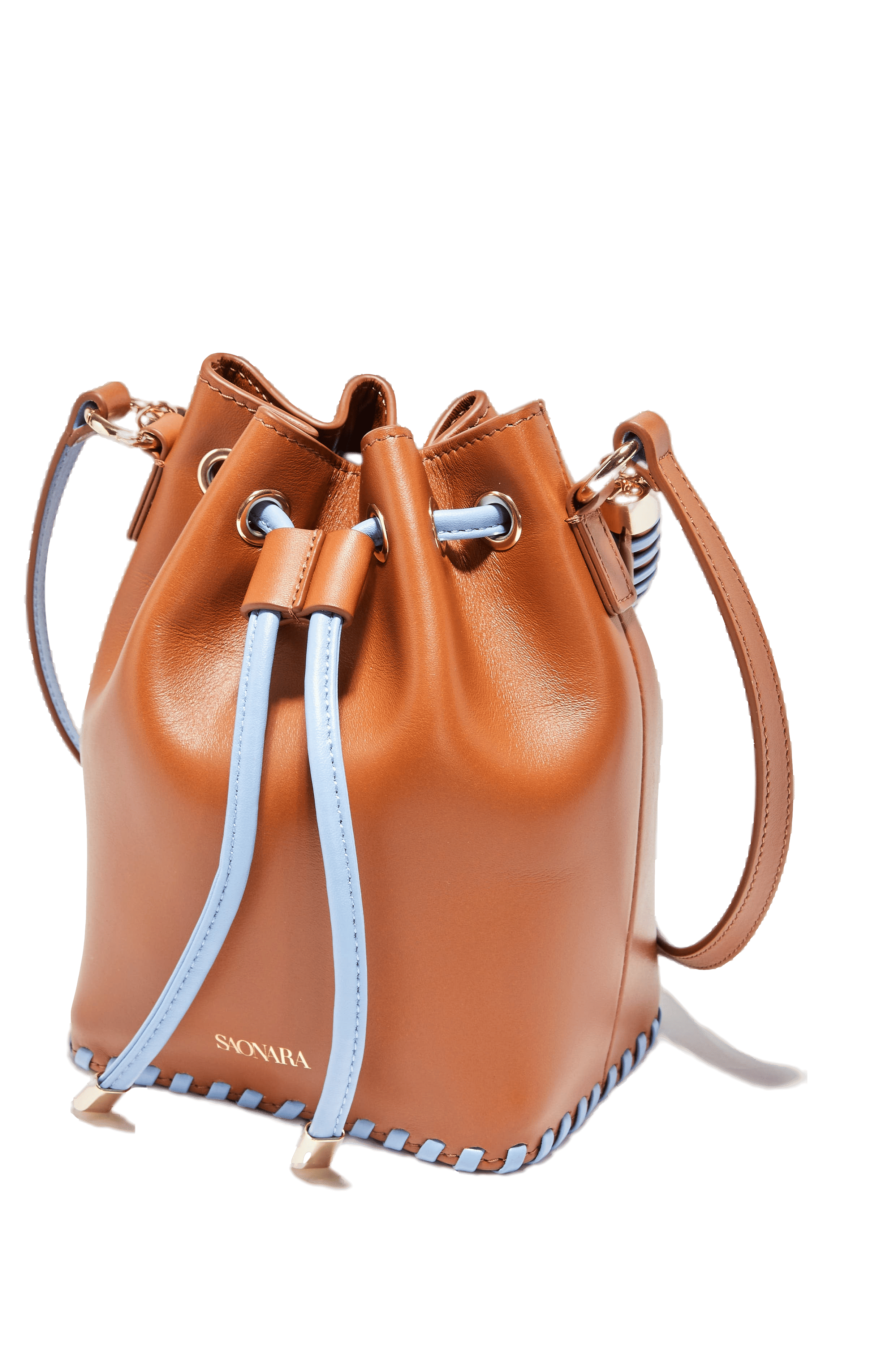 SAONARA MINI BUCKET CARAMEL / BLUE SKY LEATHER made by Saonara