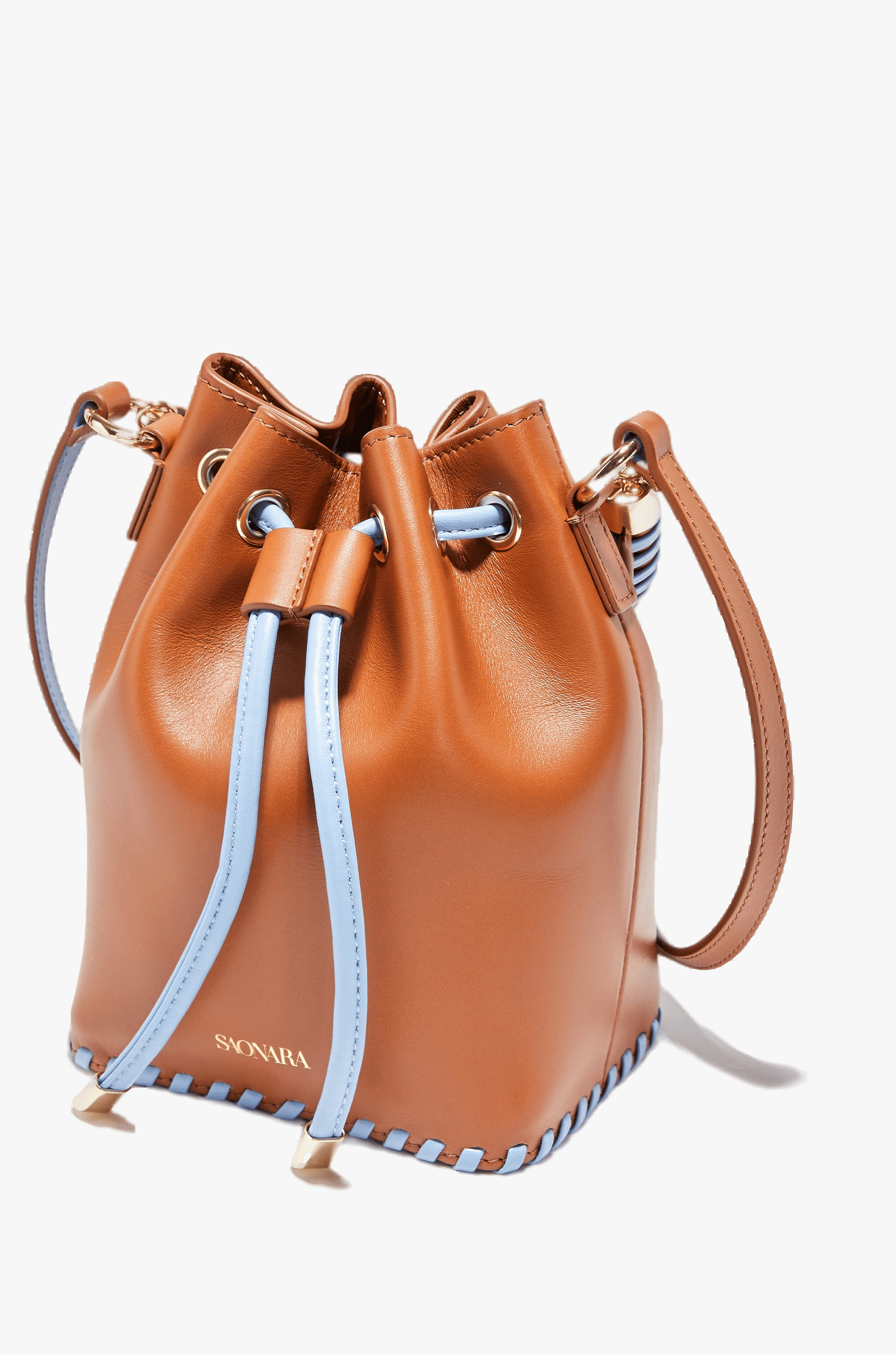SAONARA MINI BUCKET CARAMEL / BLUE SKY LEATHER made by Saonara