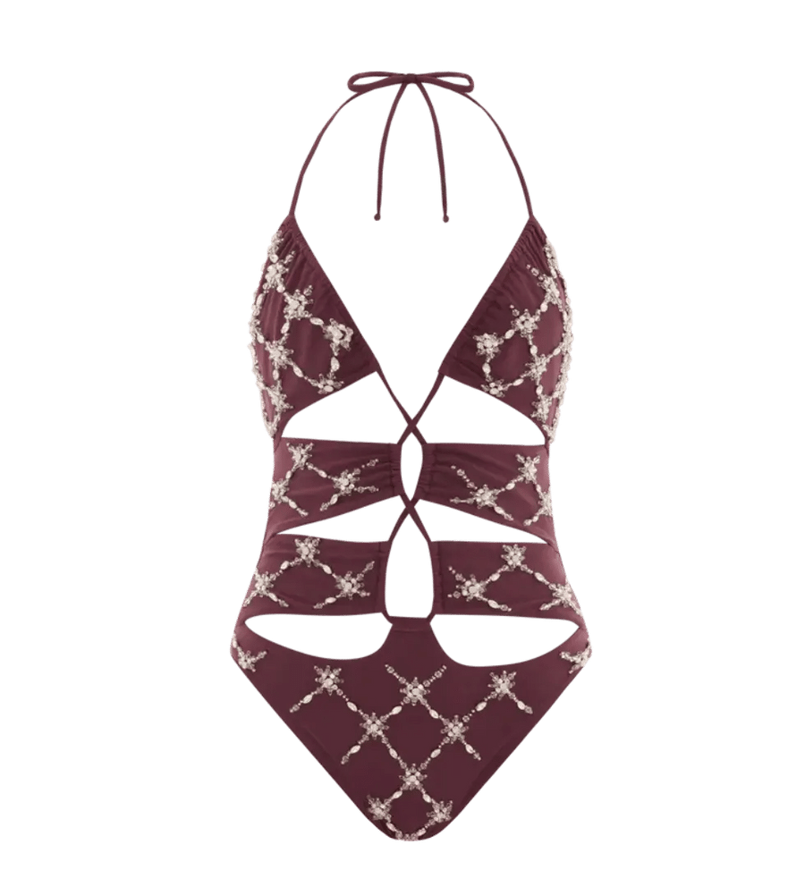 Violet Halter Cut Out Plum Swimsuit in Brown made by Oceanus Swimwear