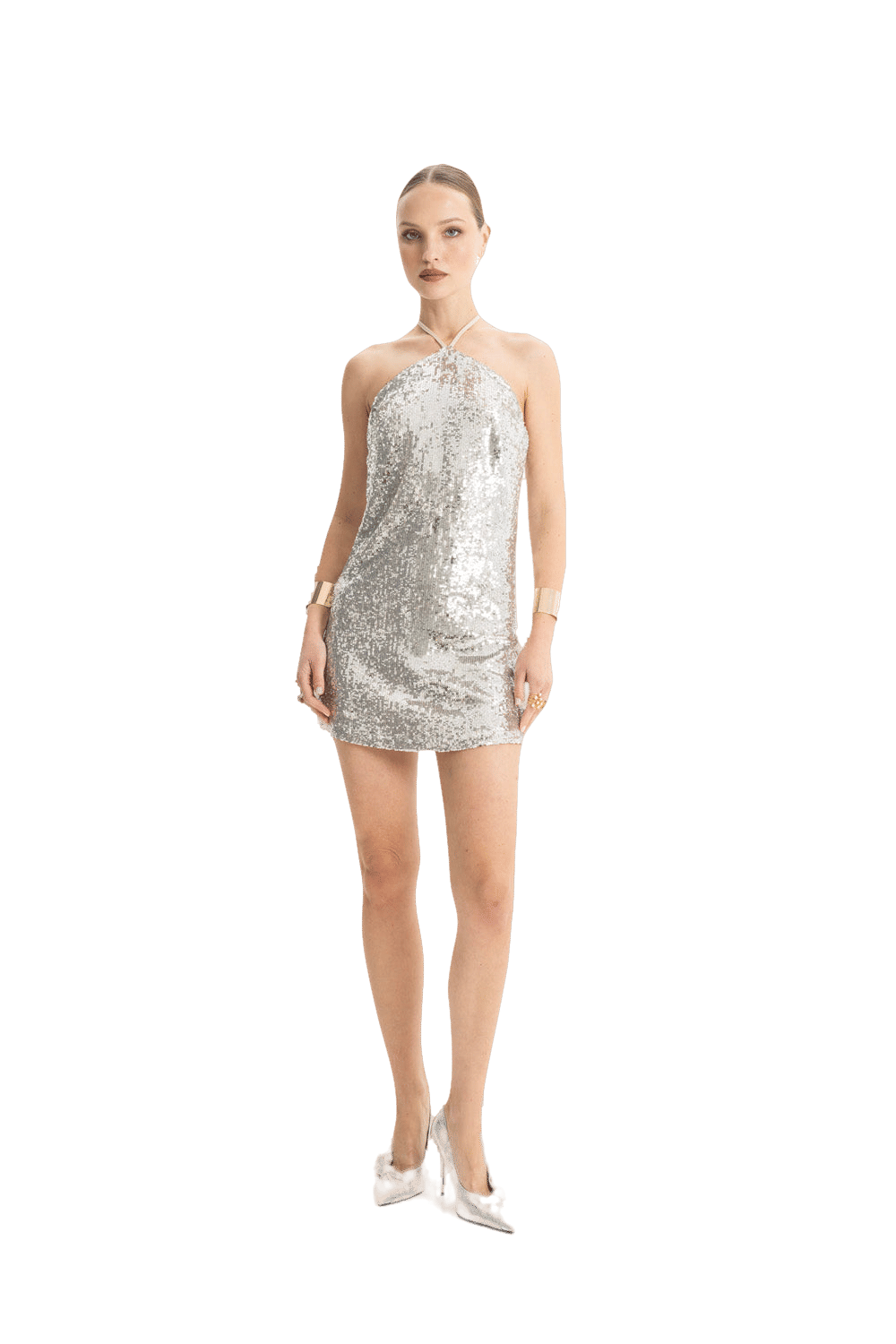 Nina Silver Sequined Halter Mini Dress made by Lora Istanbul