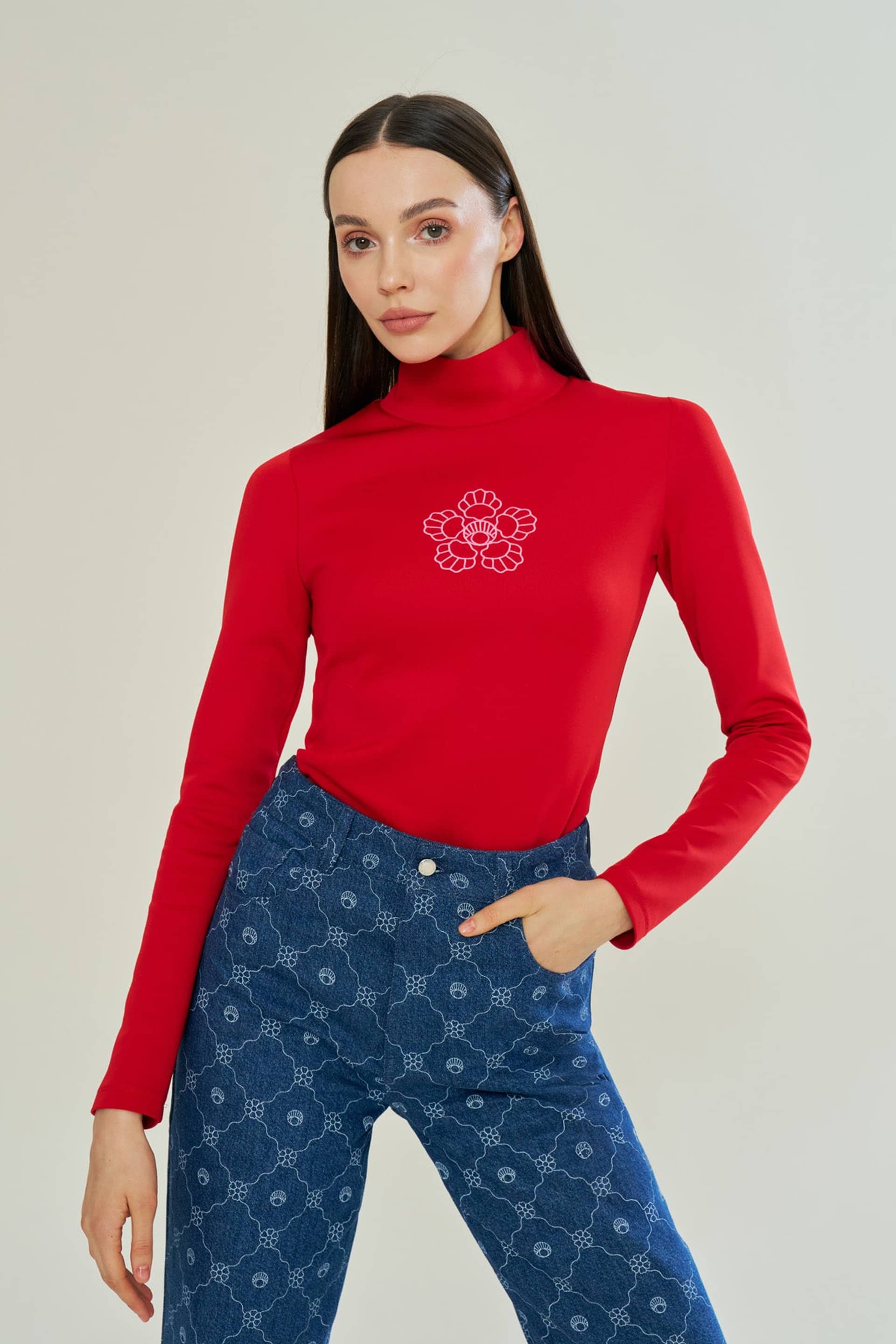 Red Blooming Crest Turtleneck made by Declara