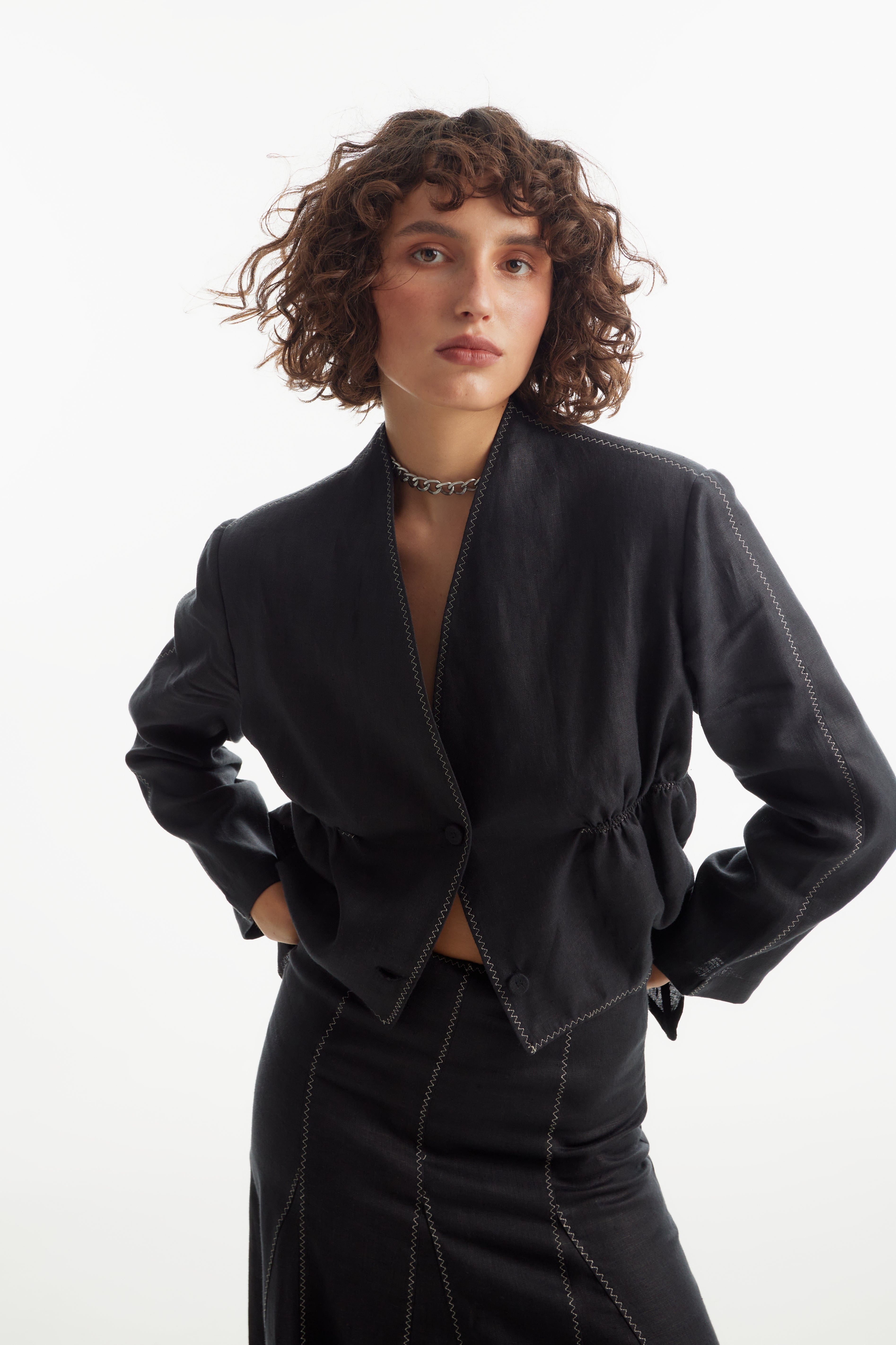 Single-breasted asymmetric Crop Jacket made by Tamar Keburia