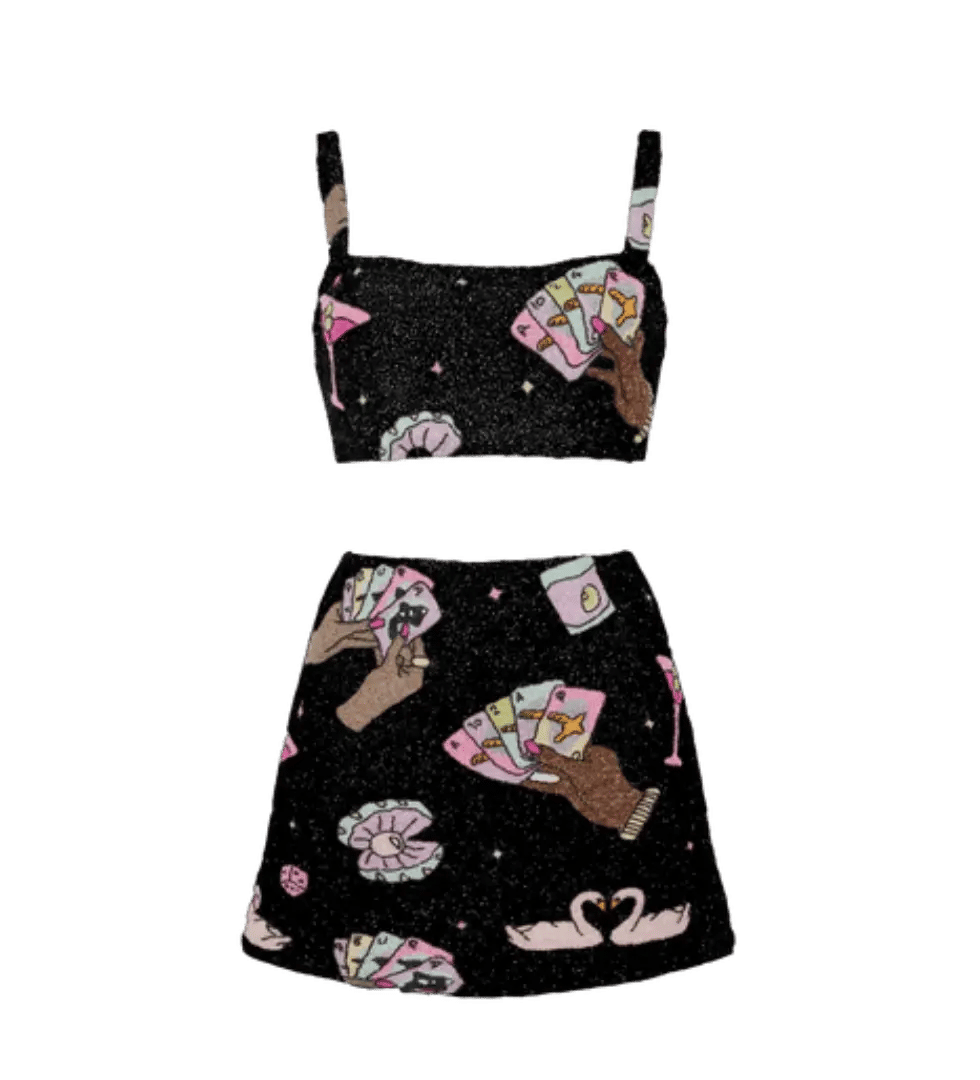 Vegas Beaded Mini Black Party Beach Co-ord in Black made by Oceanus Swimwear